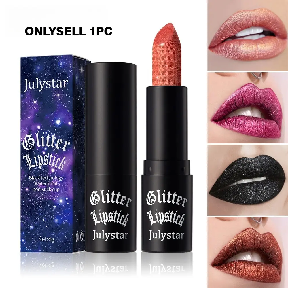 Long-Lasting Non-Stick Diamond Glitter Sparkly Lipstick, Halloween Pearl Finish Matte Lip Color, Sparkling & Smudge-Resistant Makeup