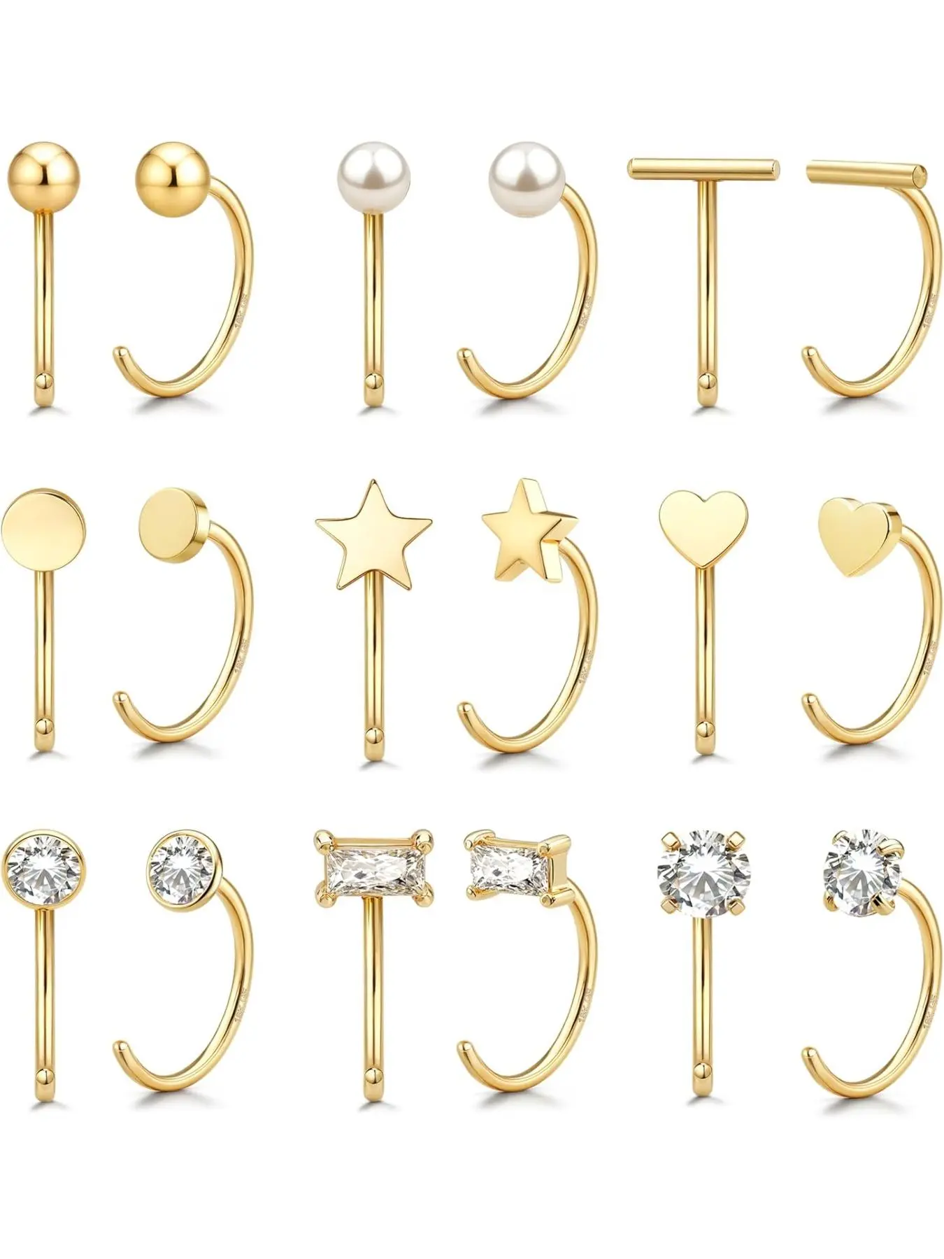 14K Gold Plated Huggie Half Hoop Earrings Cartilage Helix Open Hugging Earrings for Women | 9 Pairs Hypoallergenic 316L Stainless Steel Jewelry Set Trending Christmas New Year Gifts