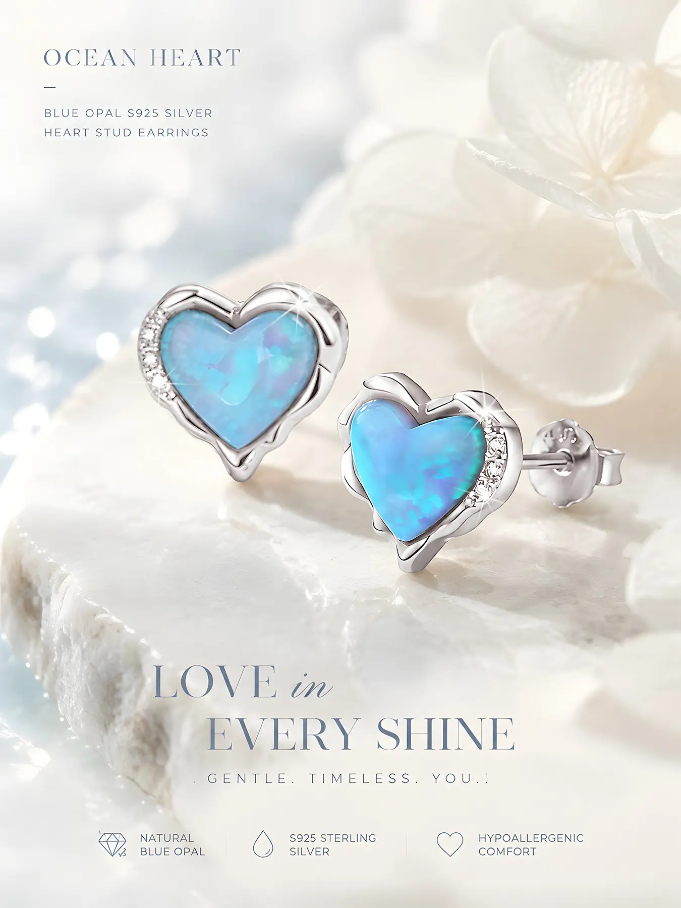 Elegant Heart-Shaped S925 Silver Earrings, Cute Earrings, Nickel-Free Gemstone Studs, Hypoallergenic Stud, Anti-Allergy Fashion Jewelry for Daily Wear, Perfect Gift