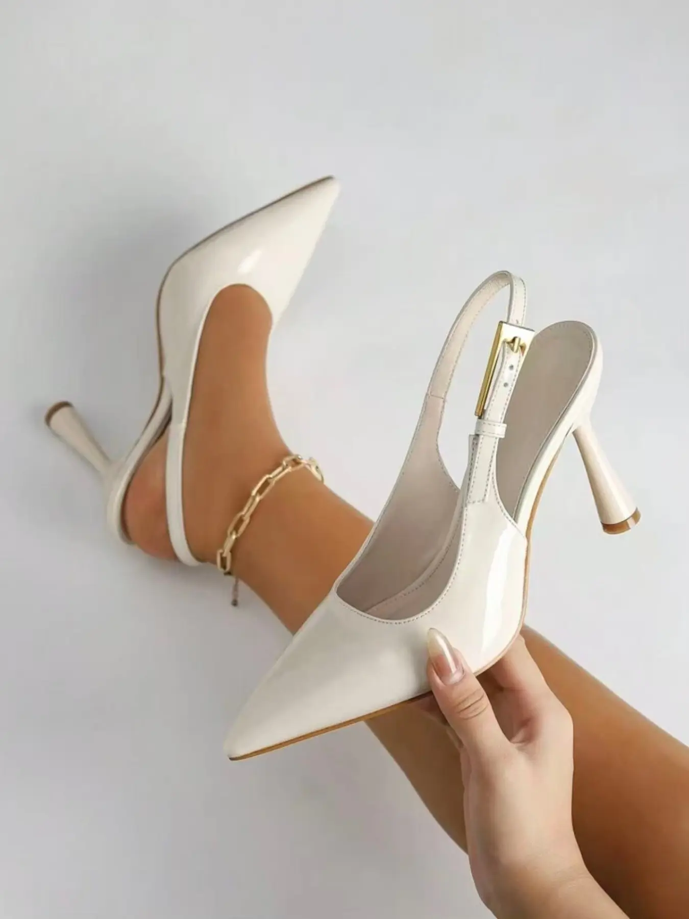 New Pointed Toe Stiletto Heel Sandals, Metal Buckle Decor, Medium Width, PU Upper, Rubber Sole, All Seasons, Sexy Style