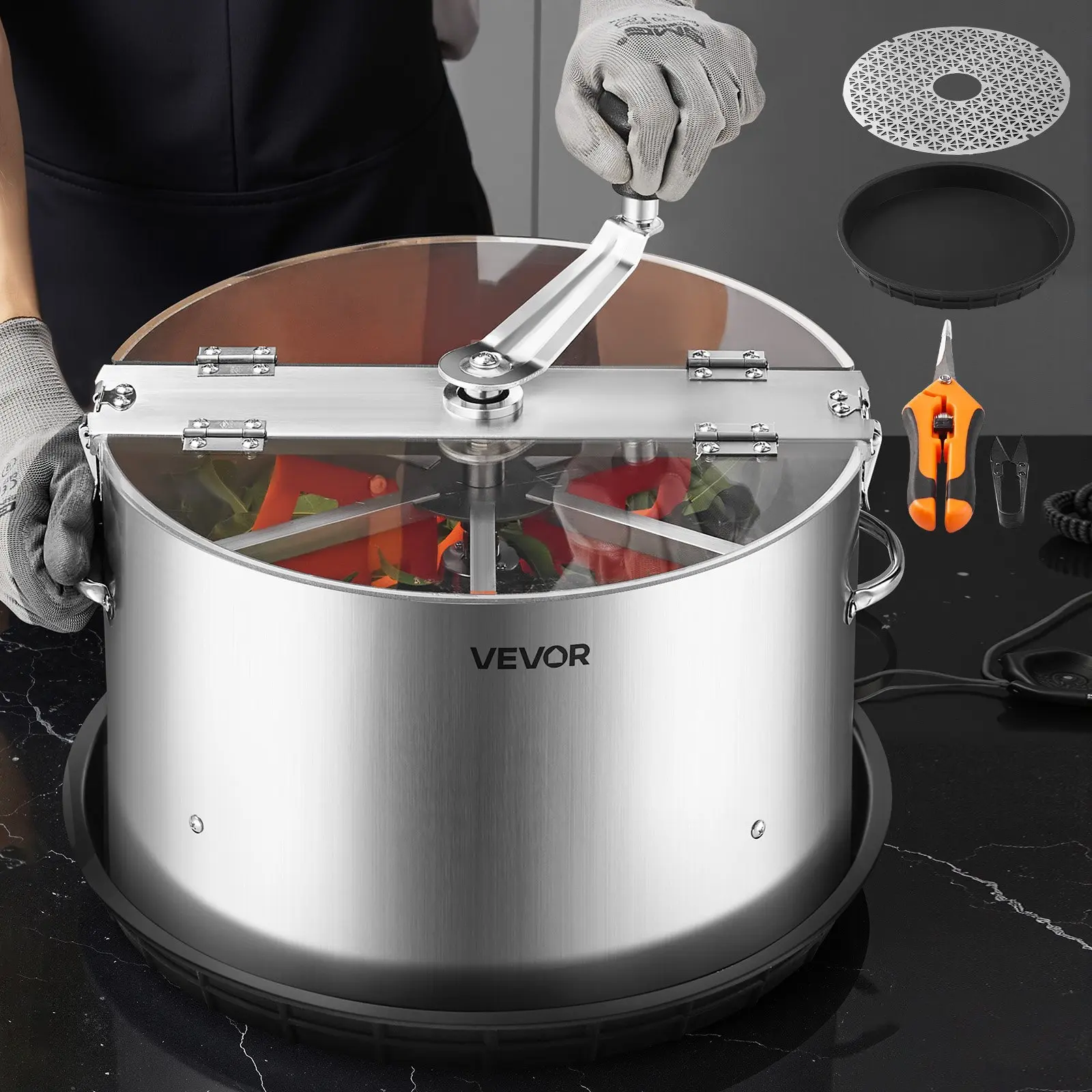 VEVOR Manual Bud Leaf Trimmer, 16 in Reaper Bowl Bud Trimmer with Stainless Steel Blades, Visual Cutting, Wet & Dry Hydroponic Cutting Machine with Tray, Twisted Spin Cut for Plant Buds Flowers