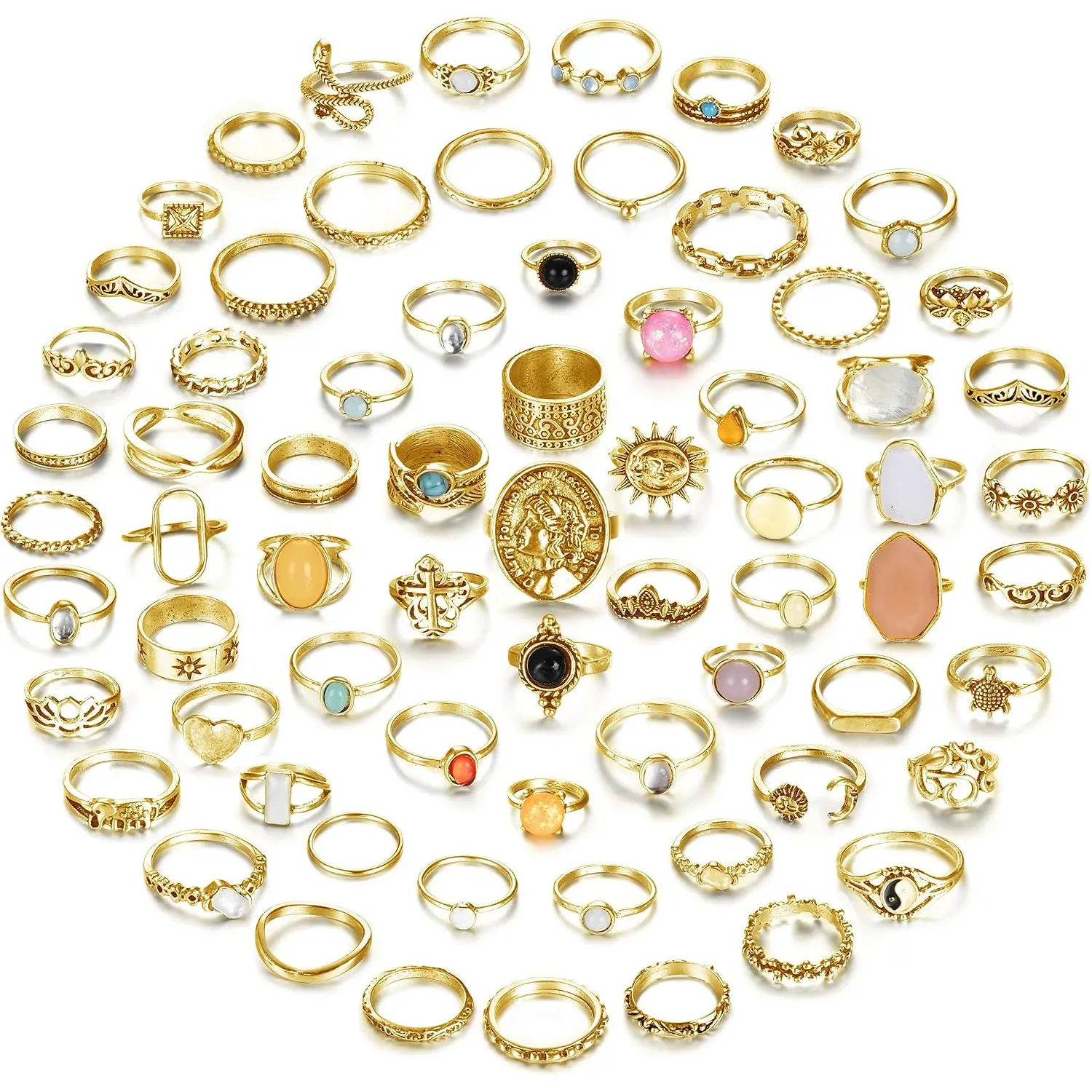 70Pcs Vintage Crystal Silver Ring Set for Women, Bohemian Stackable Knuckle Rings, Retro Boho Midi Ring Pack