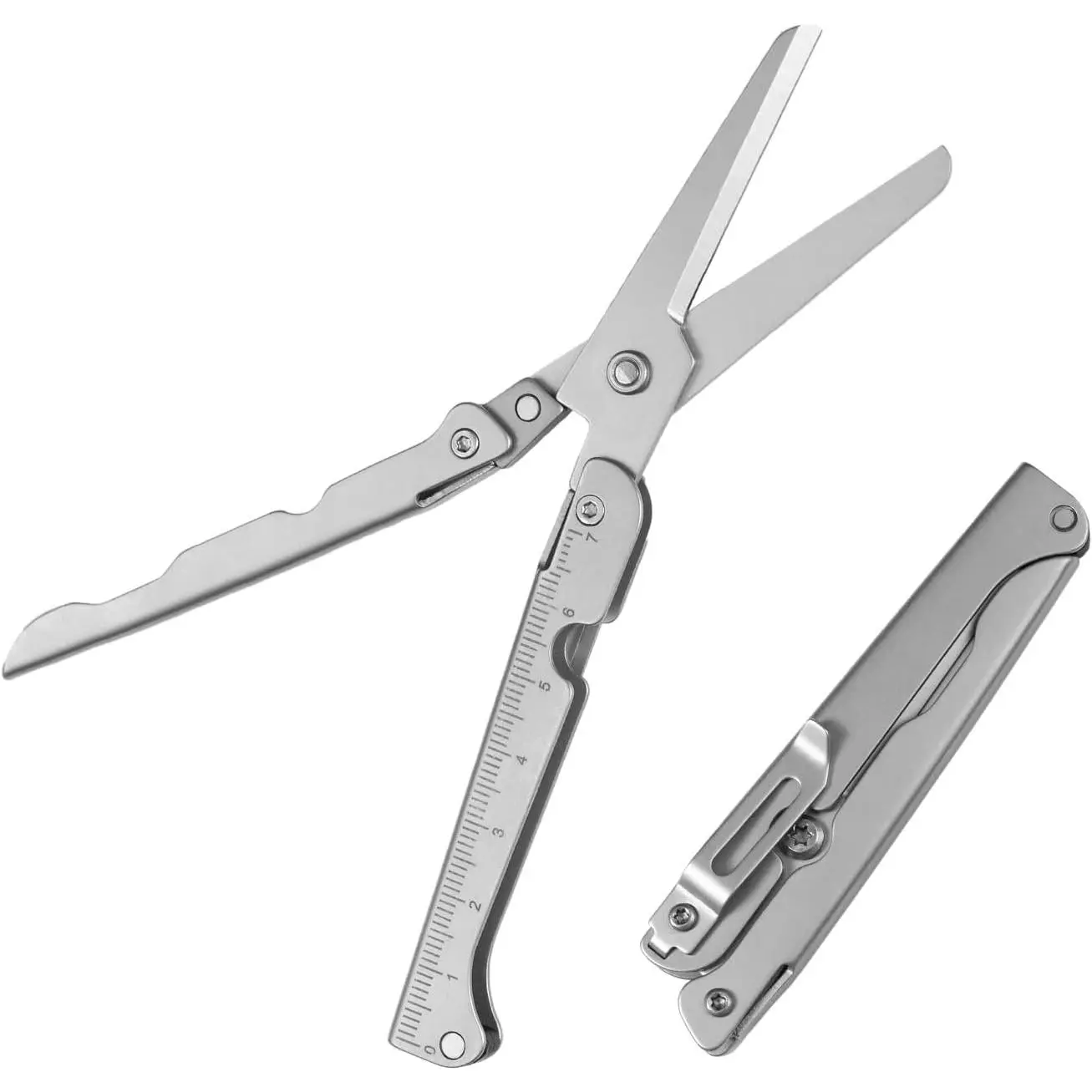 XXOK 2-in-1 foldable scissors with measuring ruler - stainless mini Travel Scissors lightweight EDC scissors suitable for camping and use (white)