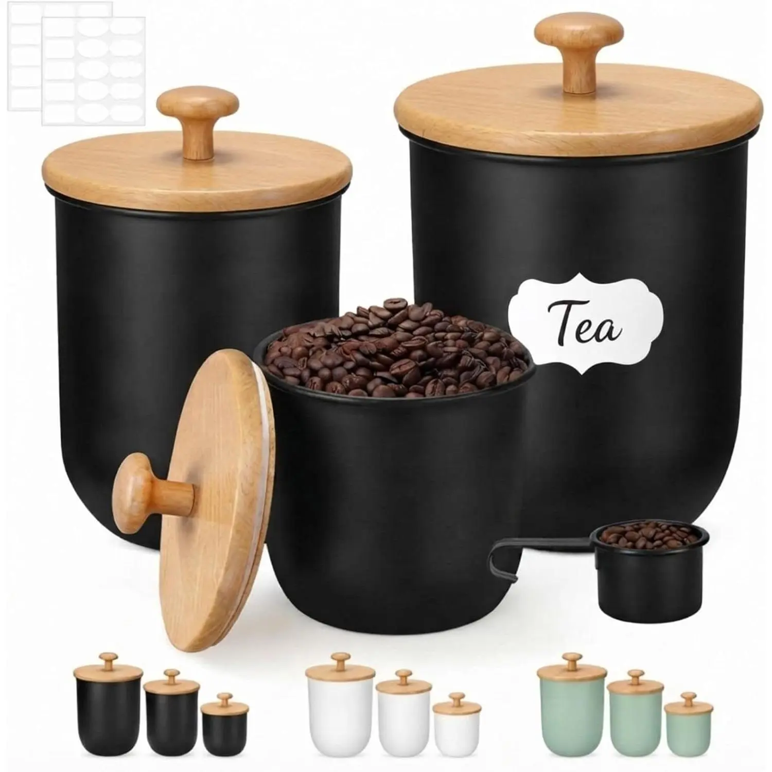 Metal Kitchen Canisters for Countertop Set of 3 Sugar Flour Canisters Set with Airtight   Kitchen Jars with Spoon DIY Labels for Coffee, , , Sugar, Salt(Black)