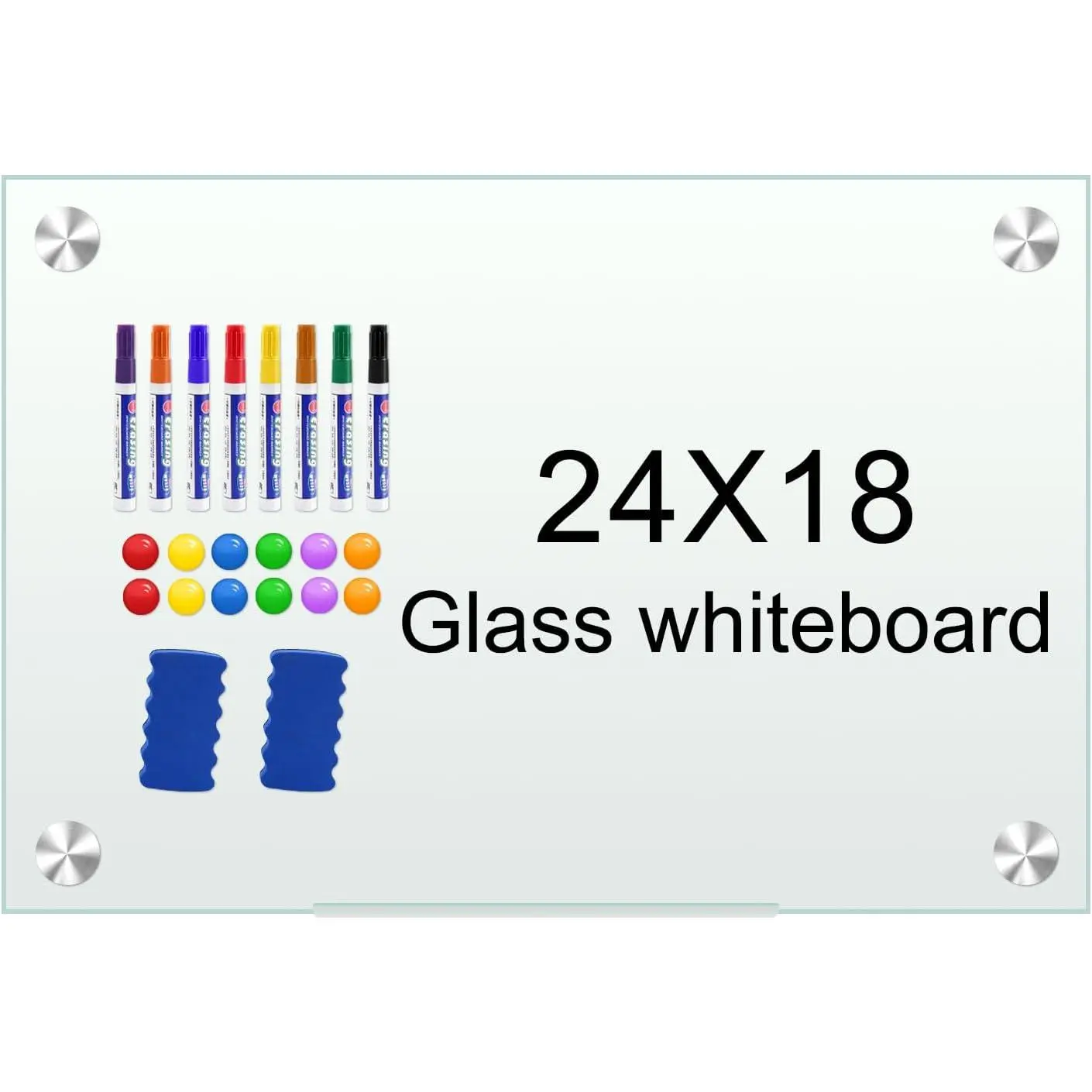 24x18 Size Frameless Glass White Board, Wall Mount Dry Erase Board for Office Presentation Supplies, Includes 12 Unspecified Items, 8 Markers and 2 Erasers, Includes Markers
