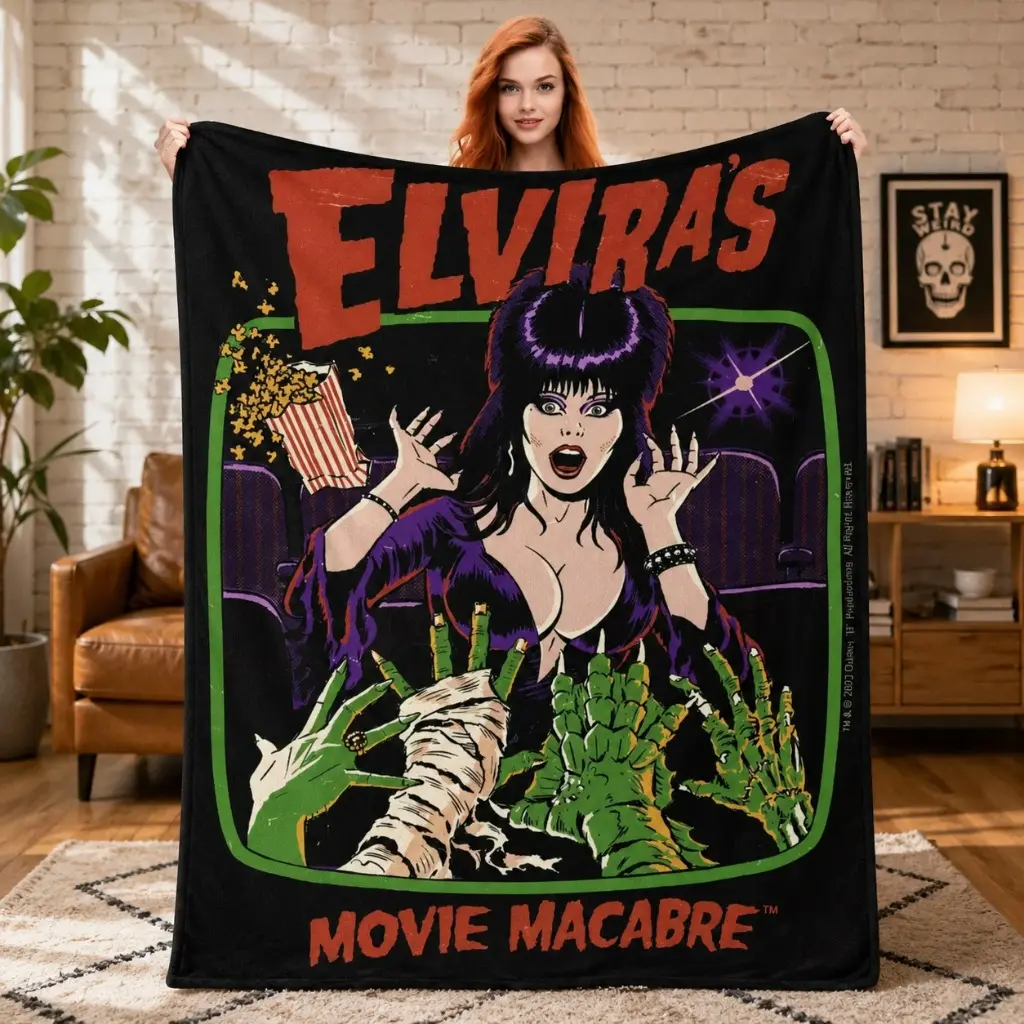 E-Elvira Mistress Of The Dark Movie Flannel Blanket Horror Comedy Soft Throw for Couch Bed Bedspread Sofa Cover – Kids Blanket & Adult Blanket Halloween Gift Spooky Home Decor