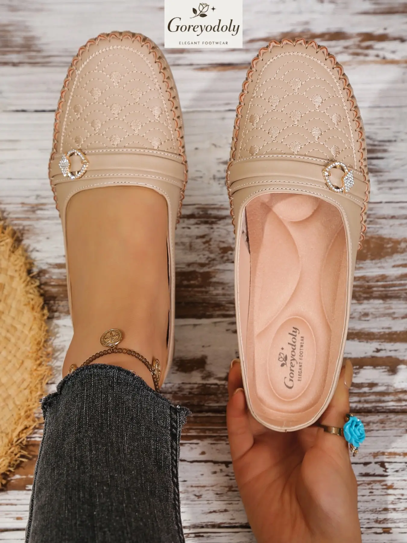 Goreyodoly women mule flats embroidery design slip on Soft Soled Embroidered Mule Shoes wide fit lightweight soft sole anti slip casual comfort backless shoes elegant style for commuting travel indoor outdoor all season wear