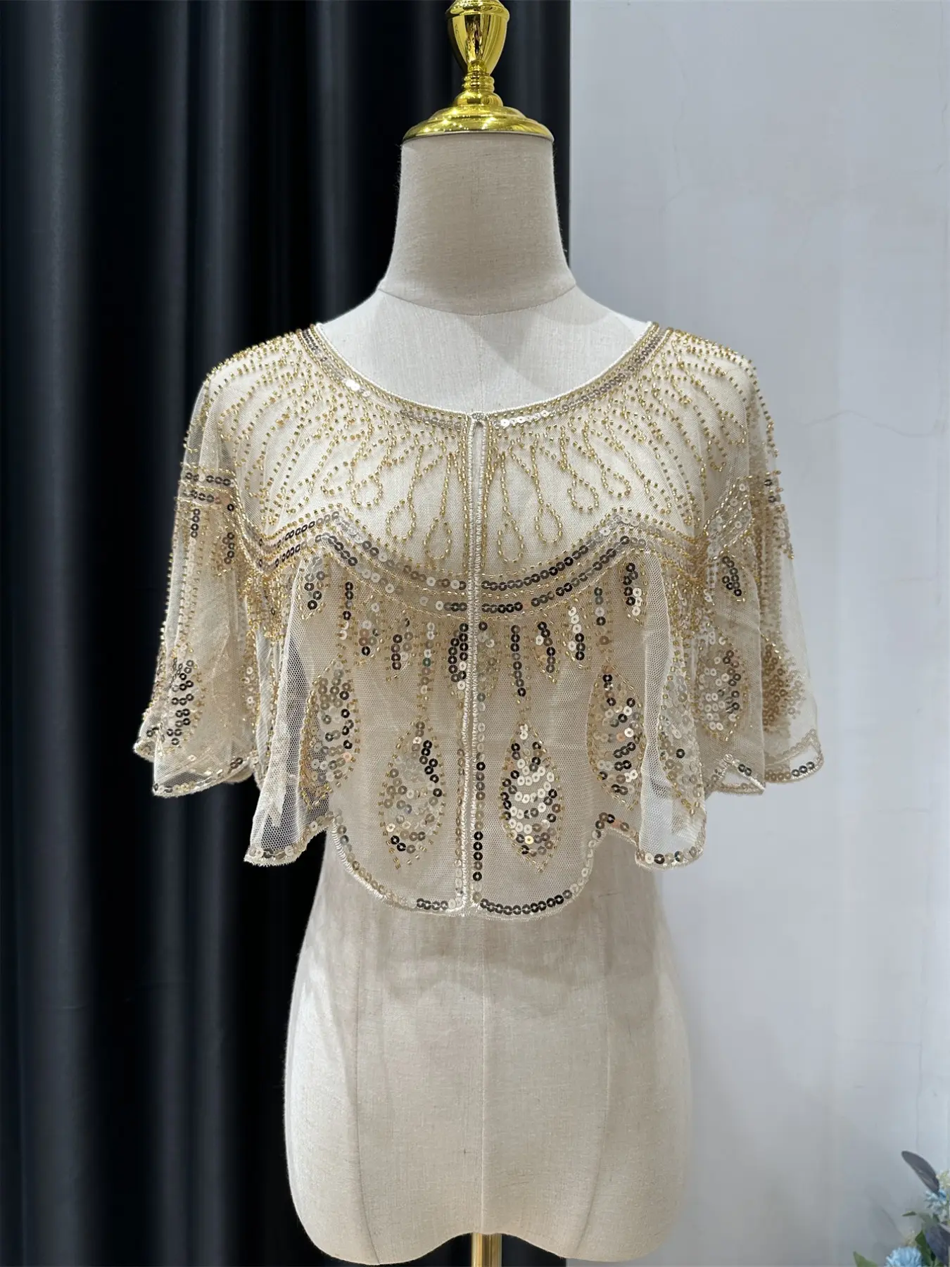 Vintage Ditsy Floral Shawl, Contrast Sequin Embellished, Champagne Color, Elegant Party Outerwear, Short Sleeve Design