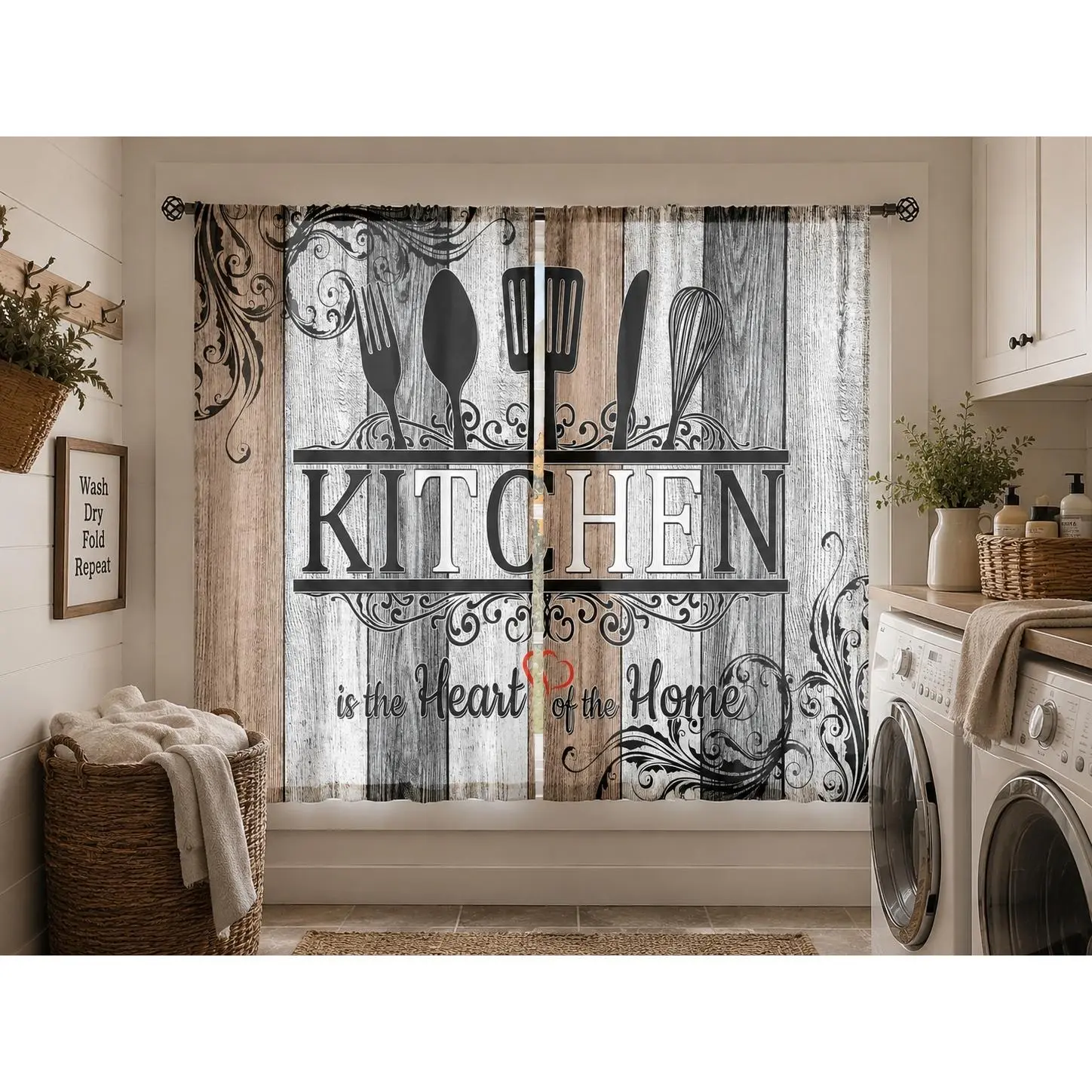 [Vintage Kitchen Curtains] 2pcs Vintage Polyester Kitchen Curtains - "Kitchen is the Heart of the Home" Design with Cutlery & Floral Patterns, Semi-Transparent Fabric for Kitchen, Bedroom, Living Room Decor |   Kitchen Window Curtains