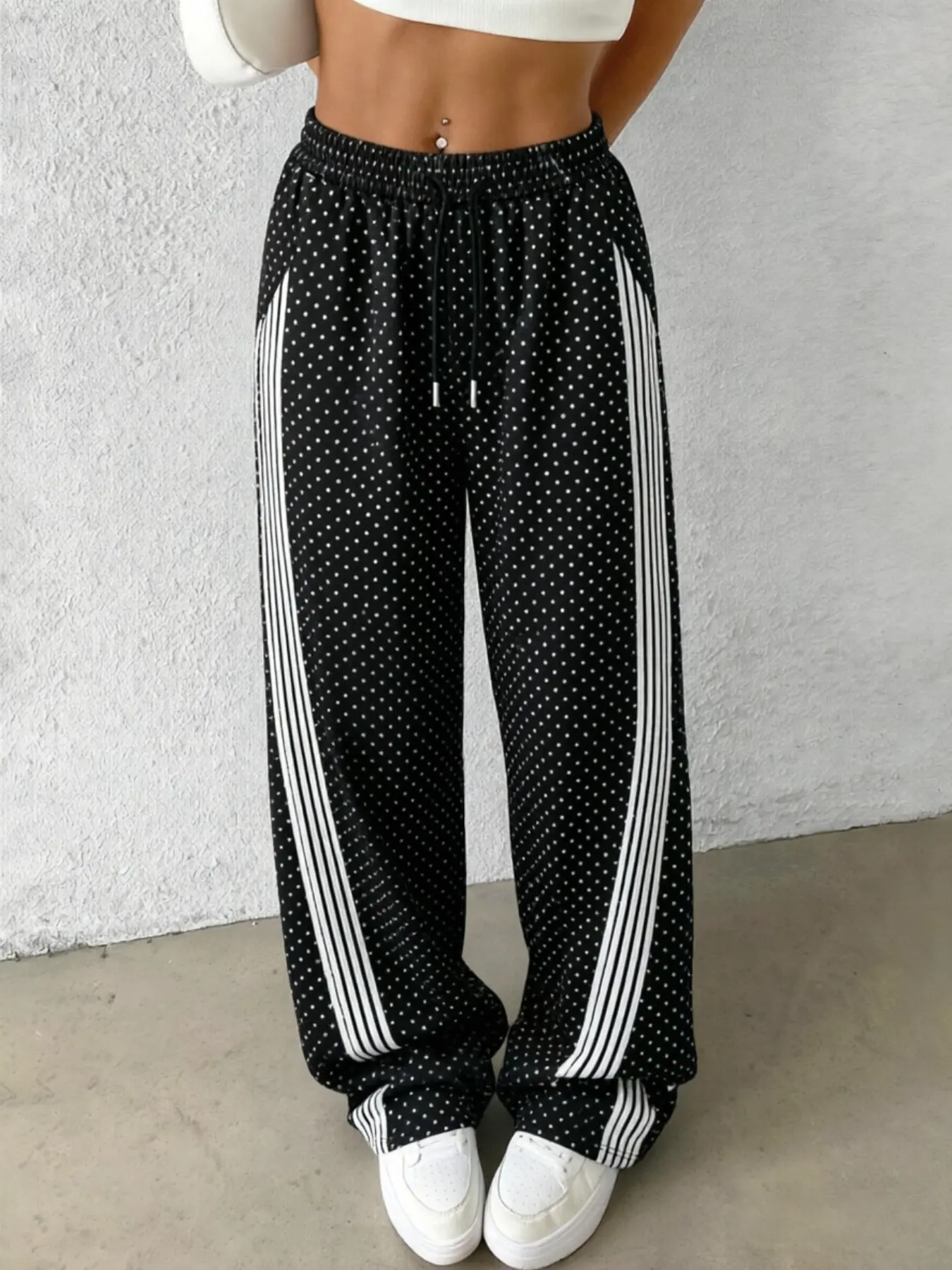Women Polka Dot Side Stripe Drawstring Wide Leg Pants, Loose Casual Trousers, Tiktok Shop Viral OOTD Outfit Inspo For Ladies Daily Street Soft Breathable Women's Bottoms Clothes