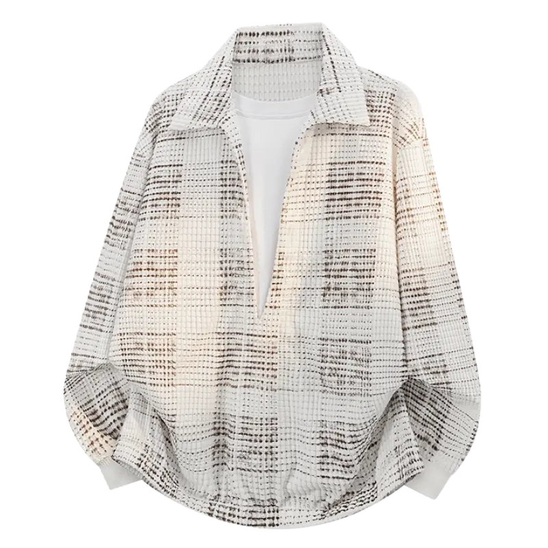 Men's Collared Half‑Zip Pullover Long Sleeve Top, Loose Drop‑Shoulder Outerwear With Plaid Print & Elastic Hem, Versatile Jacket For Spring Autumn Street Commute Outfits # sohochic