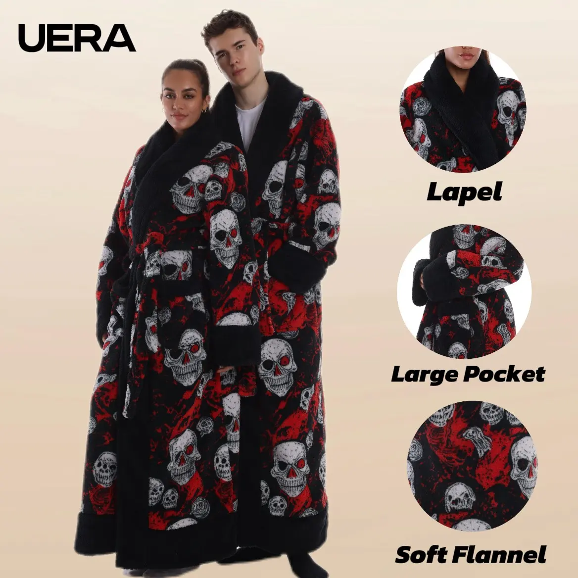 Valentine's Day Bestseller, 1pc Skull Elegant Thick Full Print Coral Fleece Robe, Thermal Robe, Long Warm Bathrobe, Pockets, Belt, Hooded, Unisex, Loungewear