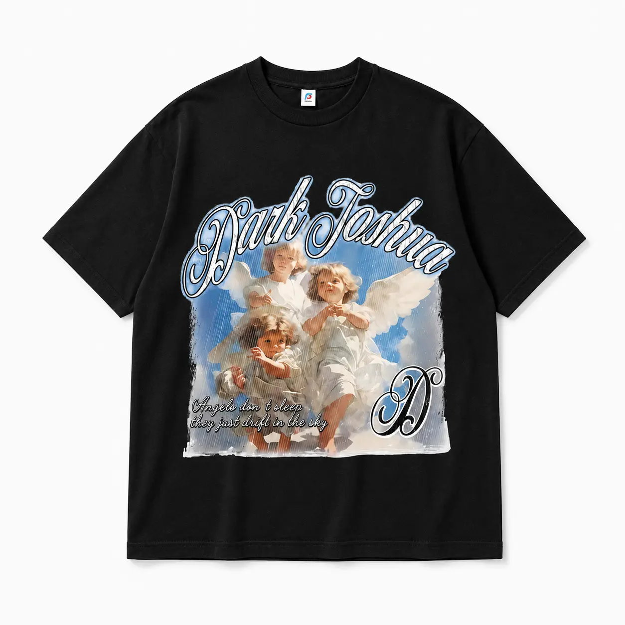 Men's and Women's Boxy Fit Black T-Shirt | Retro Cherub Angel Sky Print Gothic Script Letter Casual Dark Aesthetic Urban Streetwear Top
