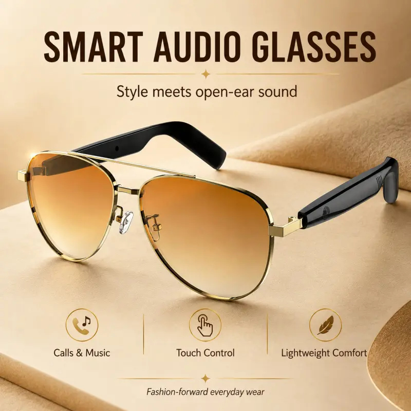 Smart Bluetooth Audio Sunglasses 5.4, Multifunctional Audio Sunglasses, gold aviator open ear with built in mic, smart tap touch, UV protection gradient lens, Type C fast charge for calls music, daily gift for men women sports office travel wear
