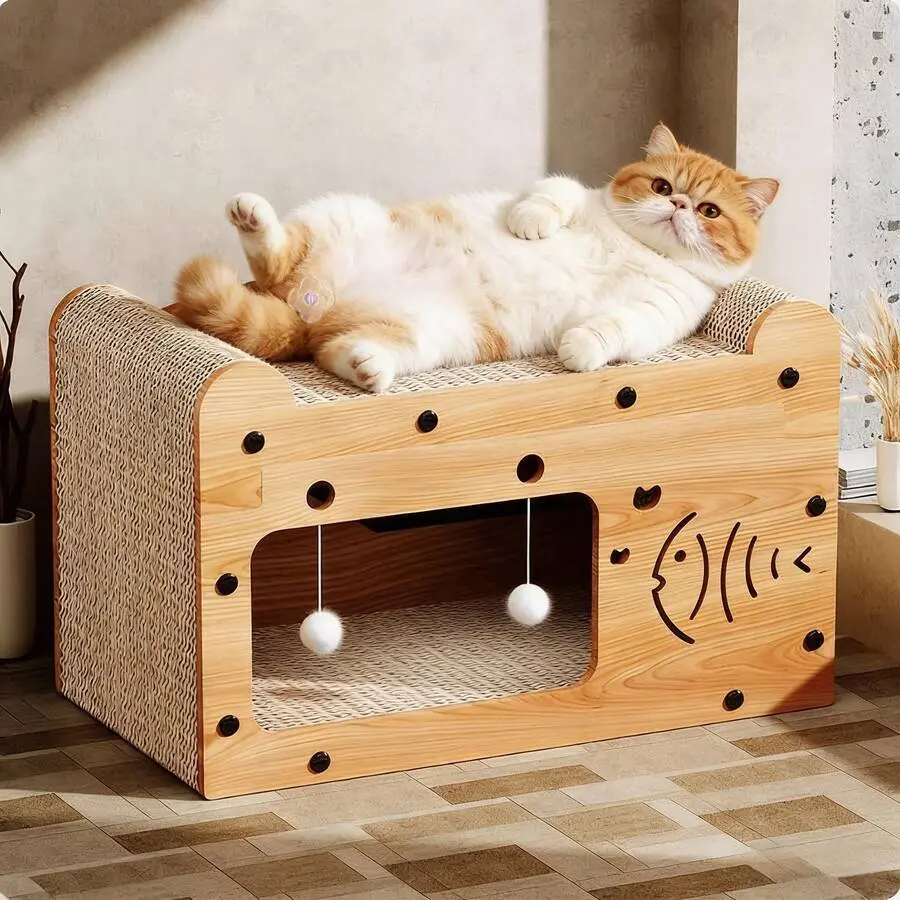 Bubble Fish & Star Moon & Double Cat Head Cat Scratcher, Paper Material Cat Scratching Lounge Designed With Double Layers, The Upper Layer Is Detachable And Unfixed, Double-Level 2-In-1 Cat Bed & Scratcher For Multi-Cat Households Comes With 2 Balls