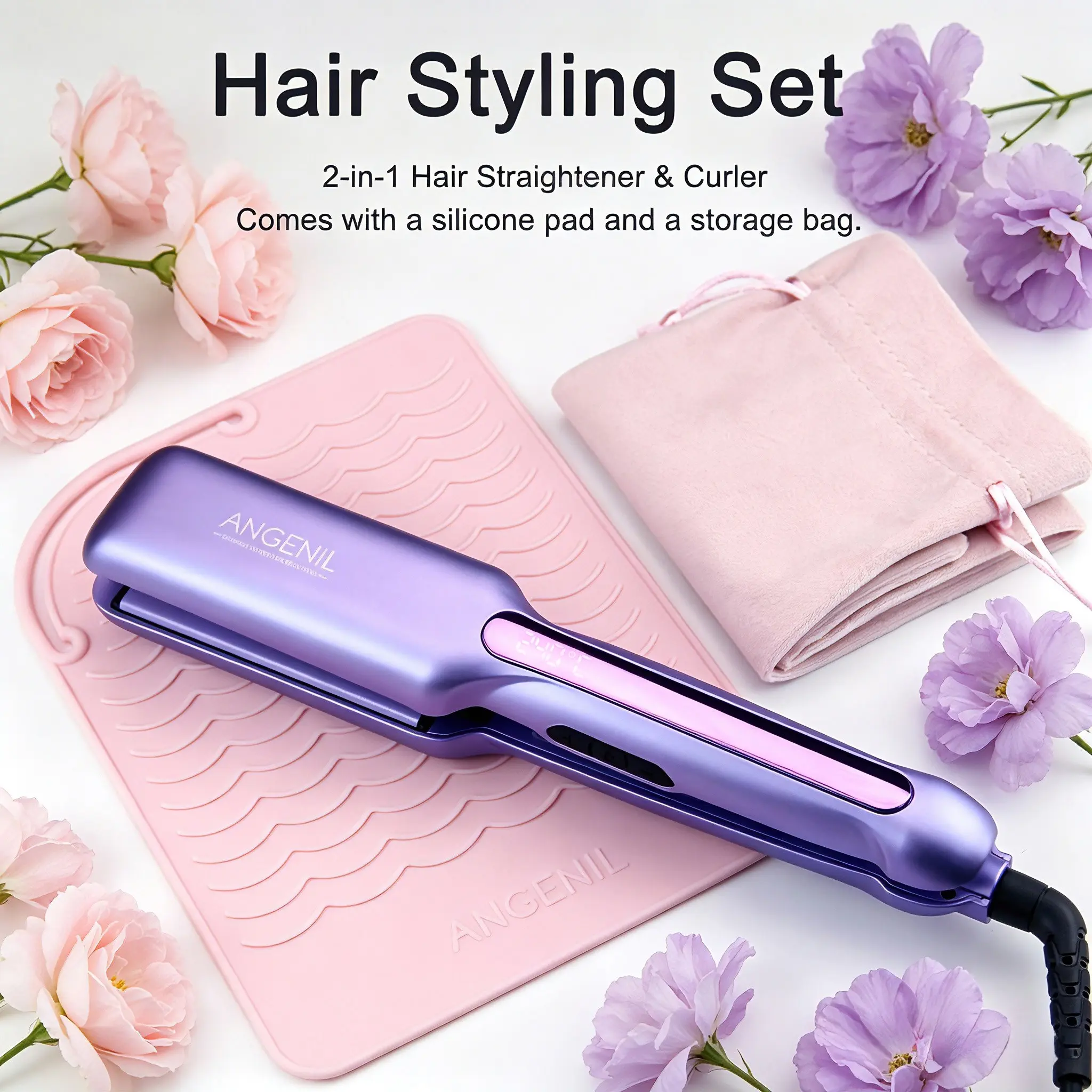 {US} ANGENIL Blue Hair Straightener & Curler Styling Set – Hair Styling Tool with Dual Voltage, LCD Display, and Adjustable Temperature Settings; Includes Storage Bag and Silicone Mat.