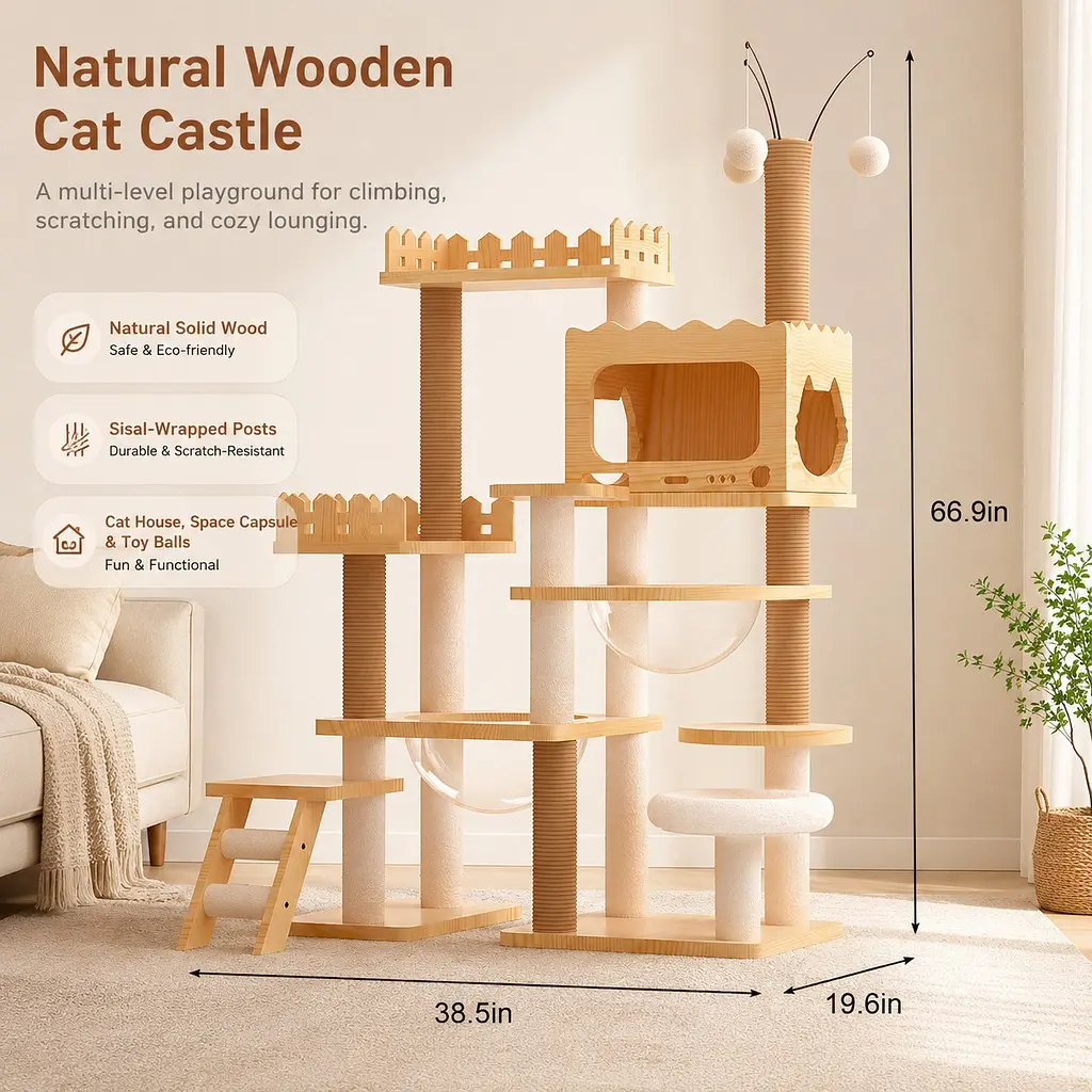 Littleox 66.9 Inch Modern Cat Tower for Indoor Cats Large Wood Cat Tree with Acrylic Hammock and Sisal Scratching Posts for Multi-Cat Households Tan