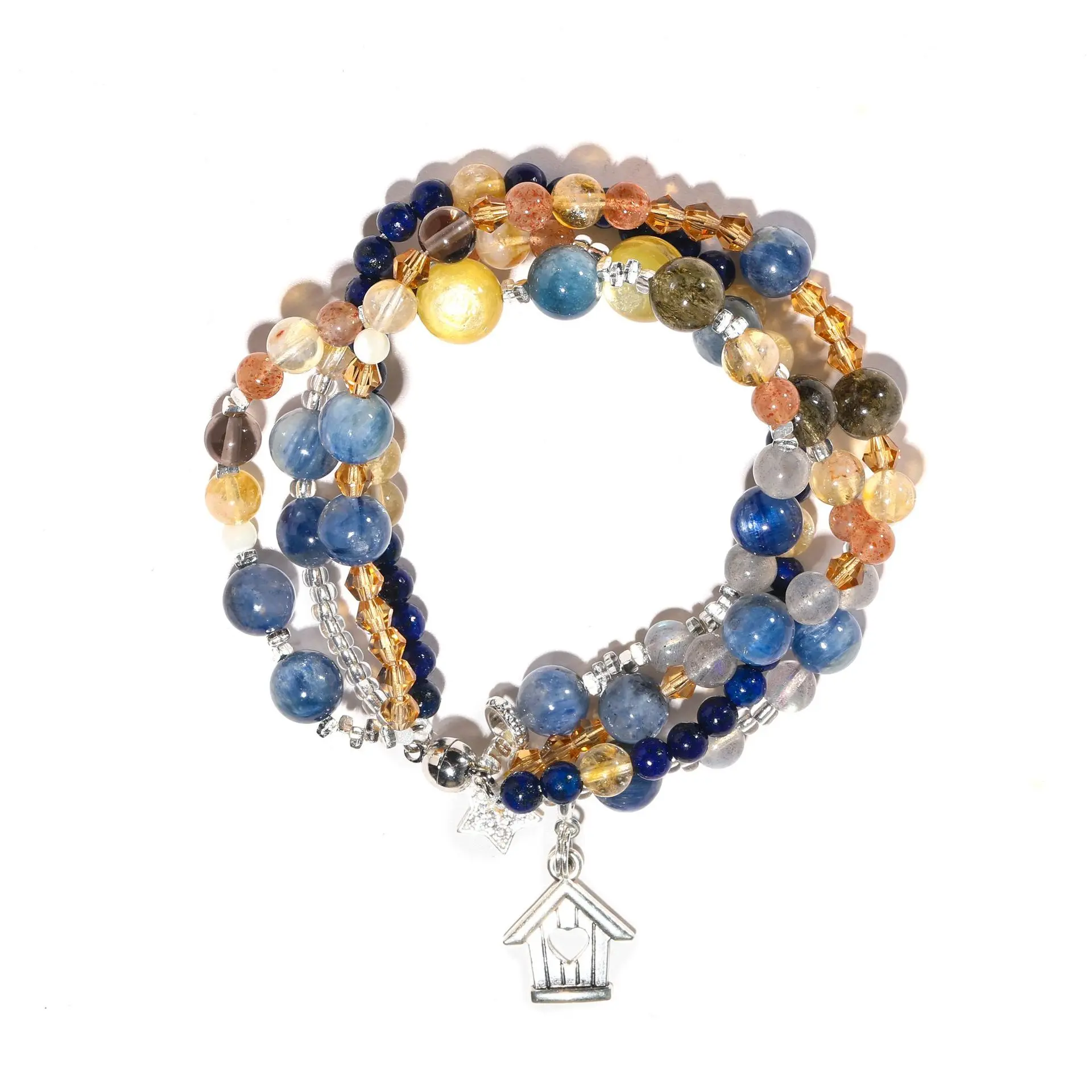 Handcrafted Unisex Van Gogh Café Terrace Art-Inspired Golden Citrine-Blue Kyanite Crystal Bracelet, 6-7.5 in Natural Stone Beads, Comfortable Lightweight Exclusive Gift-Boxed Jewelry for Adults' Birthday, Layered All-Day Wear