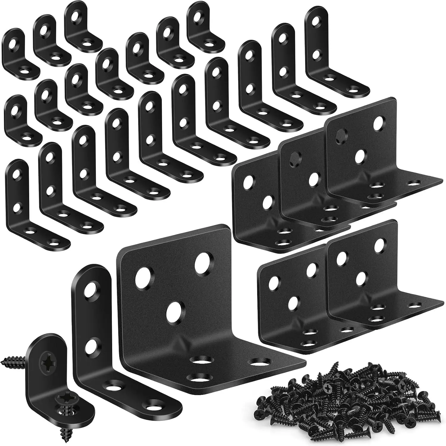 25Pcs L Brackets for Shelves, 3 Sizes Angle Corner Braces Metal L Bracket Heavy Duty for Wood, Sturdy and Rustproof for Repairing Furniture with 82Pcs Screws Mounting Bracket Easily Black