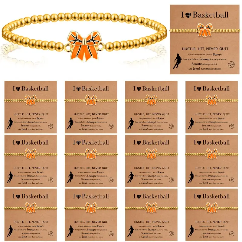 Unisex Basketball Beaded Stretch Bracelets, 20pcs Wristbands with Golden Bows, Team Gifts for Daily Wear with Inspirational Cards