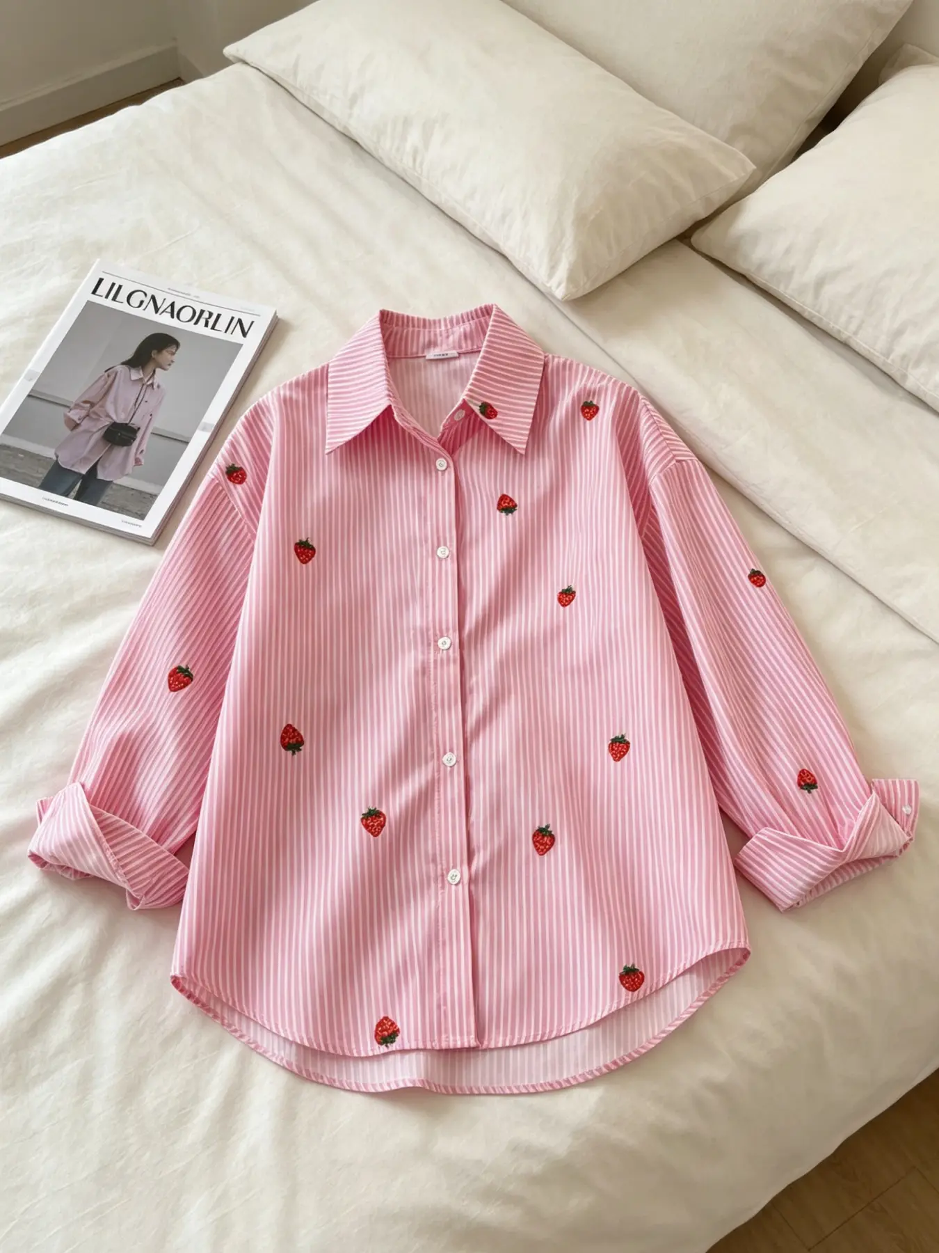 A fashionable Casual pink strawberry striped Long Sleeve shirt for women, with a hanging fabric that is breathable and suitable for commuting, shopping, outdoor activities, indoor and outdoor wear