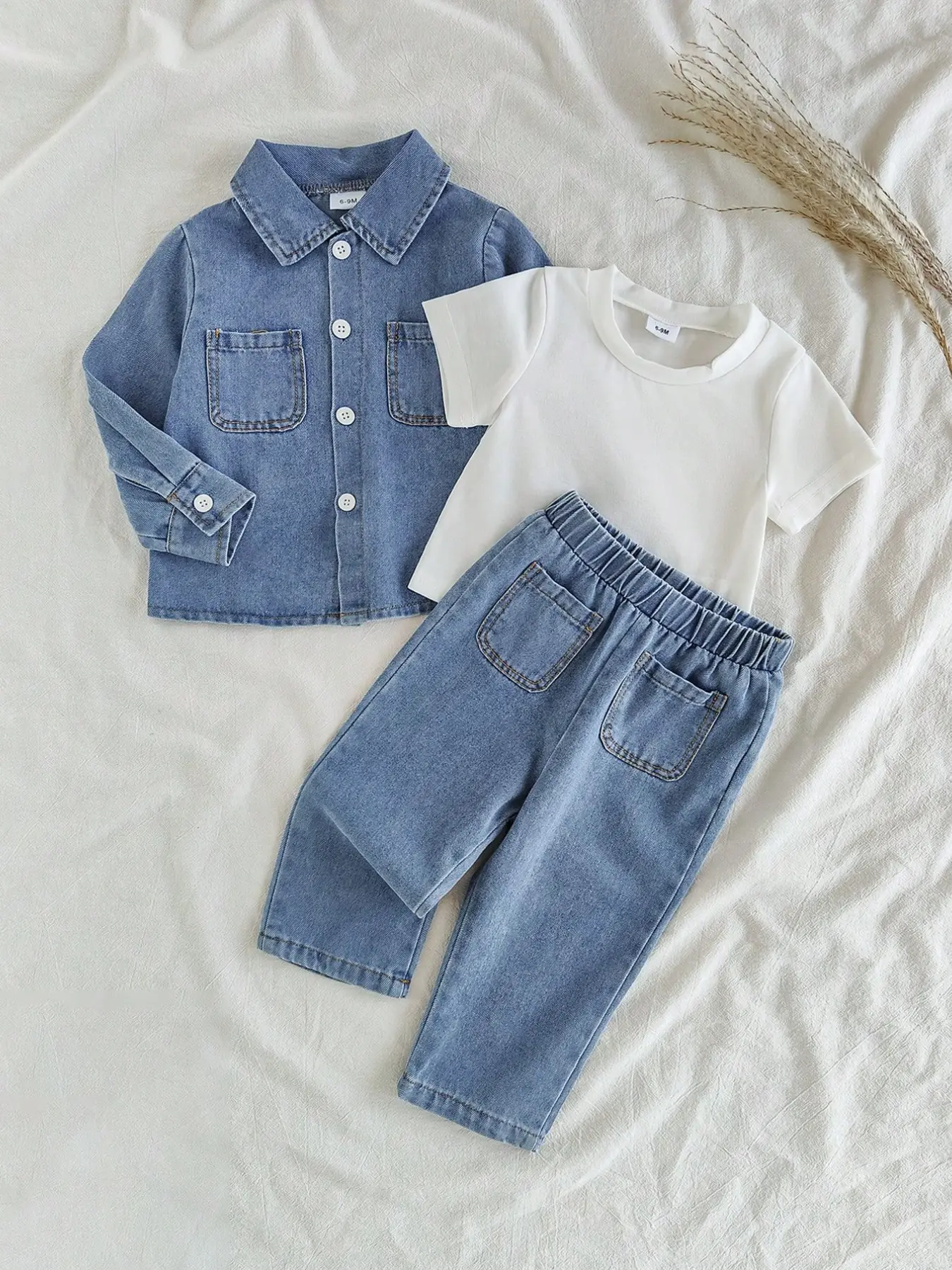 Three Piece Set for Baby Boys, Casual Short Sleeve T-Shirt, Long Sleeve Denim Shirt, Dual Pocket Jeans, Spring Fall, Baby Clothing