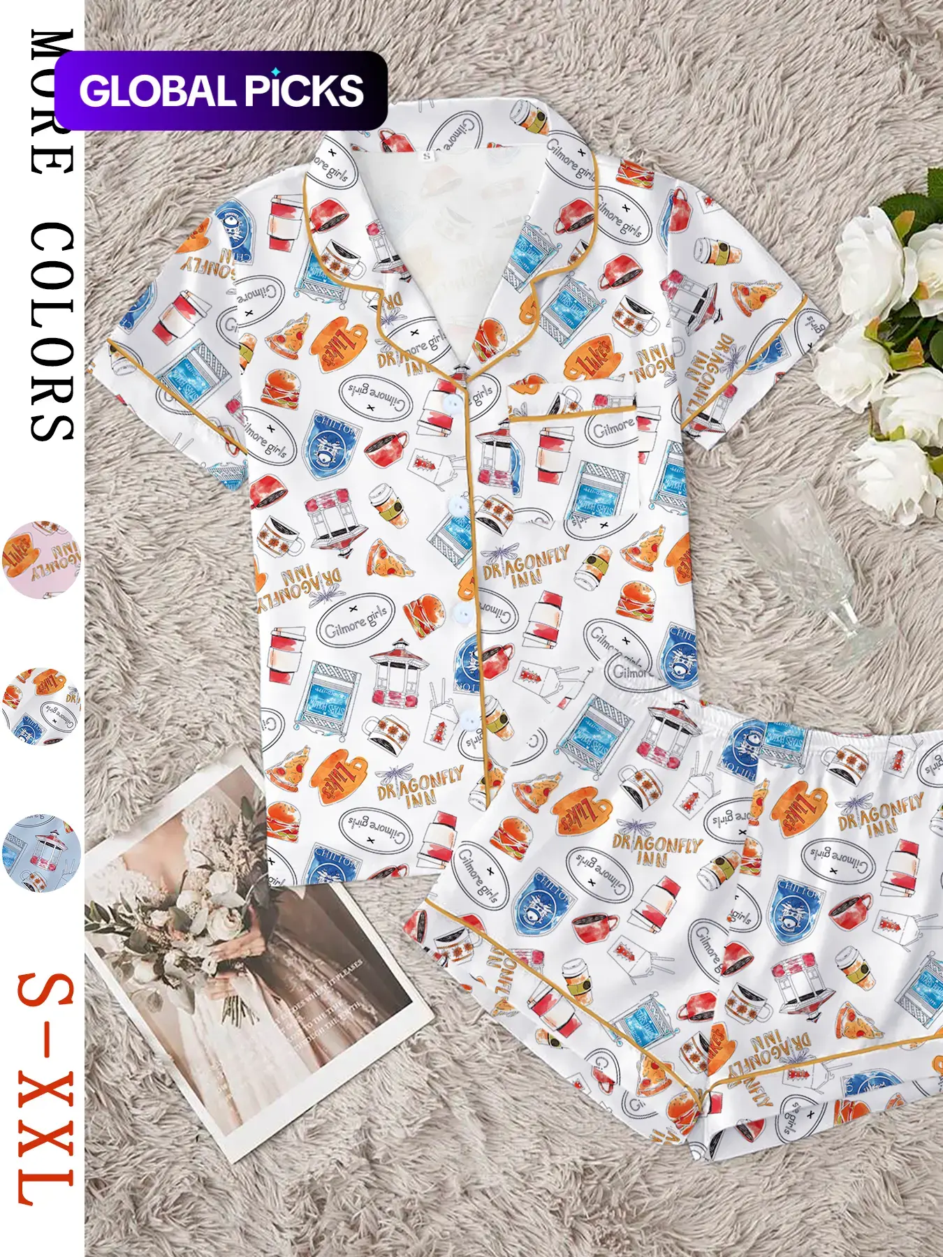 Women's Stars Hollow Gilmore Girls Comfortable Loungewear & Sleepwear Set, Comfy Lounge Set, Two-Piece Short Sleeve Top & Elastic Shorts for All Seasons, Idea Gift