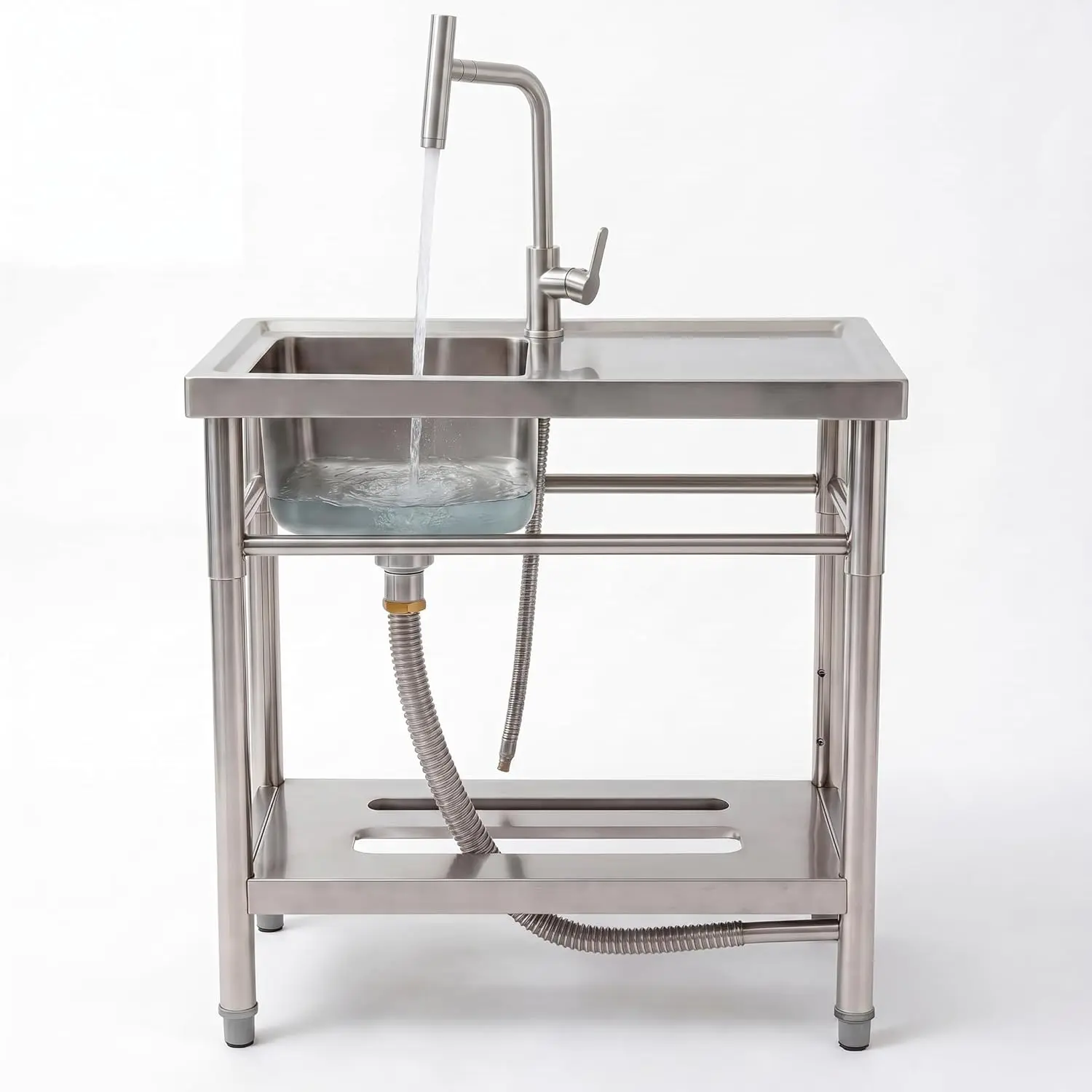 Freestanding Stainless Steel Utility Sink, Single Bowl Laundry Tub with Commercial Worktable, Faucet, Storage Shelves & Base for Garage, Outdoor Restaurant Use (Dog Bath Station Compatible)