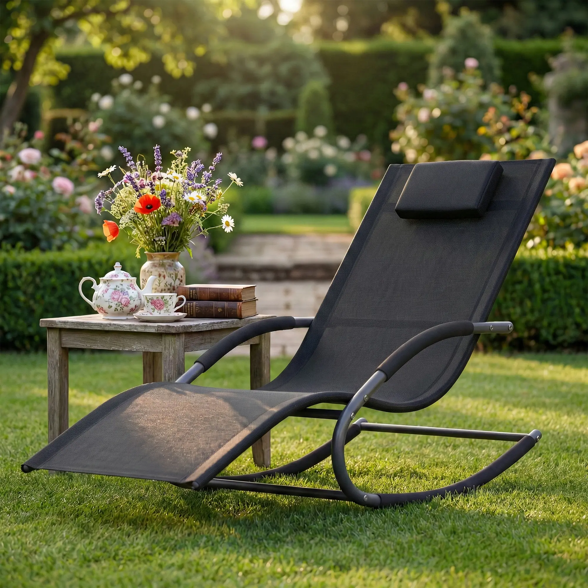Adjustable Outdoor Lounge Chair – Breathable Mesh, Removable Pillow, Heavy-Duty Steel Frame, Ergonomic Recliner for Patio, Lawn, Garden, Pool – 300lbs Capacity, Easy Assembly
