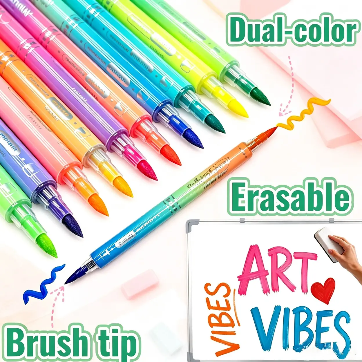 10pcs Dual-Color Brush Tip Whiteboard Markers, Erasable Dry Erase Pens, Ideal for Office, School, Teaching, Stationery Supplies, Writing Tools, Double Tipped Markers, Bulk Markers