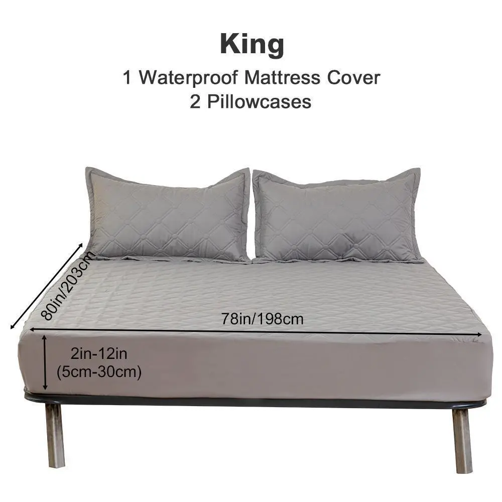 King Size Solid Plaid Waterproof Soft Mattress Cover Set - 1pc Fitted Sheet, Embroidered Pillowcases, Anti-Slip, Breathable Barrier, Dust-Proof, Stain Resistant, Elastic Deep Pocket, Flat Weave Polyester Fibre, Machinewash Fresh, for Bedroom, Guest Room