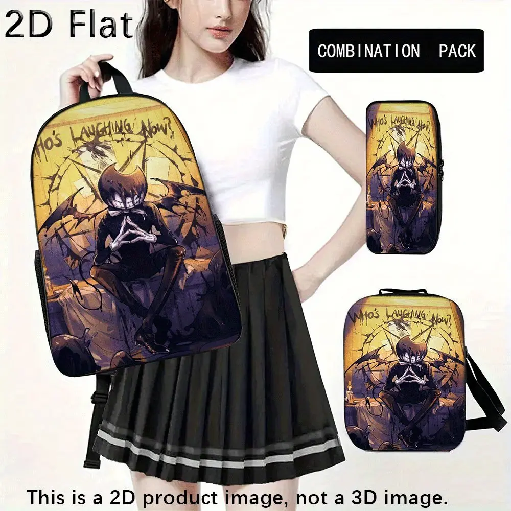 Demon Theme Bendy and the Ink Machine 3-Piece Waterproof School Backpack Set - 600D Oxford Fabric Backpack, Zipper Lunch Bag, Pencil Case with Vintage Yellow Grunge Art, Breathable Straps for School Use