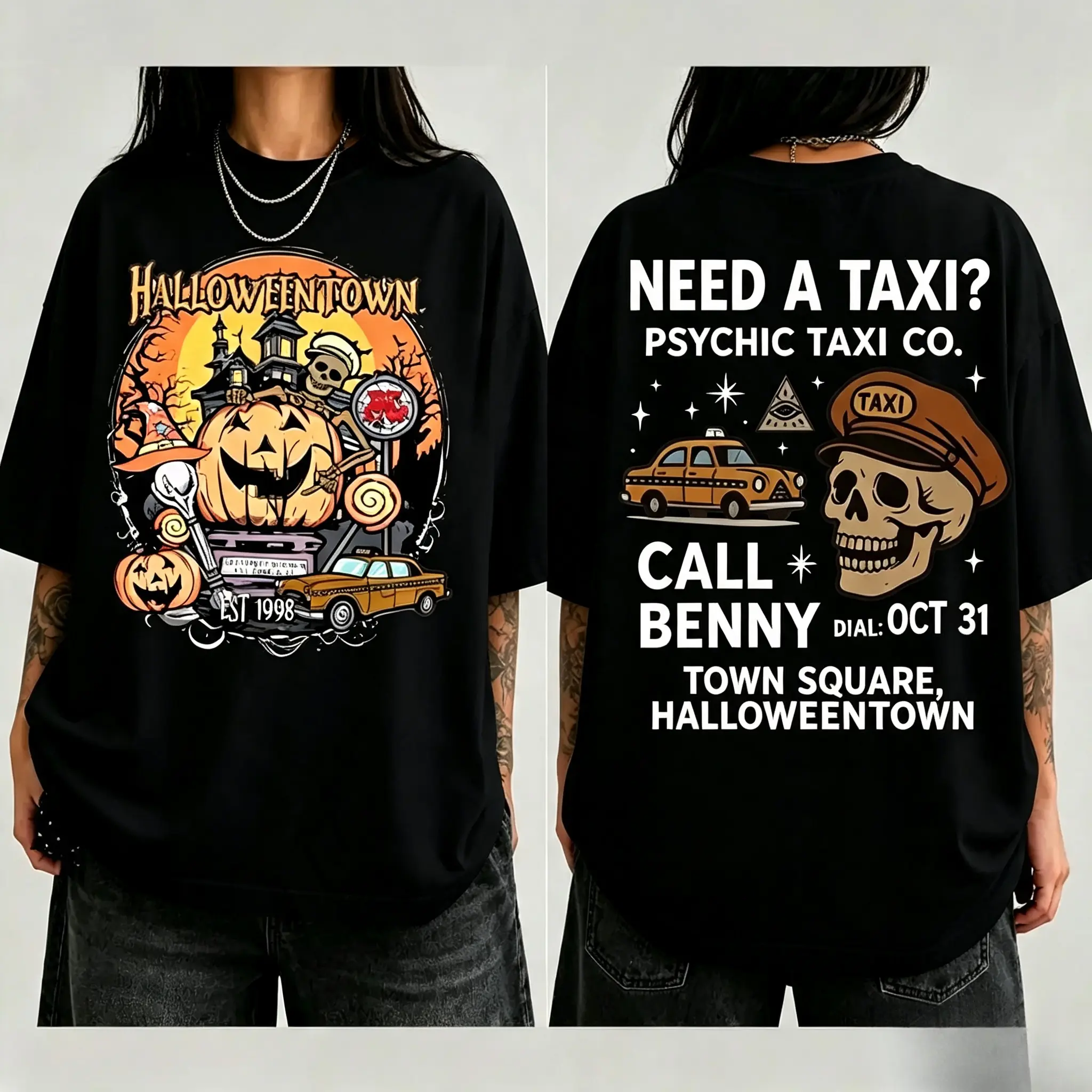Halloweentown EST 1998 Skeleton Taxi Driver Print Washed T-shirt,Double-sided Halloween T-shirt, Retro Shirt University Tees, Halloween Crewneck Gifts,Unisex Graphic Casual Short Sleeve Crew Neck, Gift Unisex T-shirt For Man And Woman,Streetwear Style