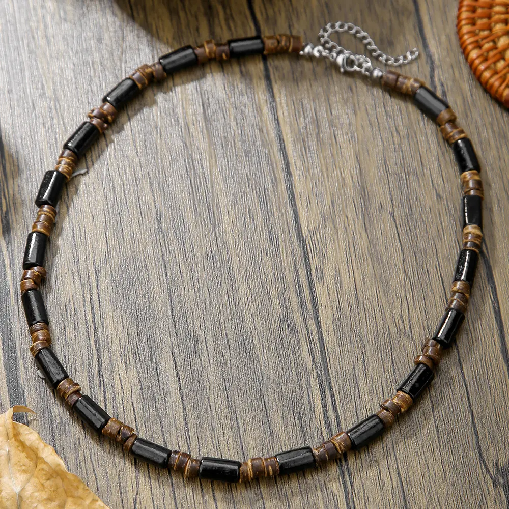Summer beach bohemian style wooden coconut shell necklace for men, surfing necklace, minimalist tribal stainless steel necklace