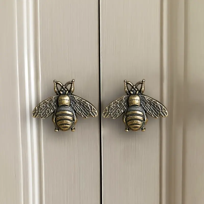 6-Pack Vintage Bee Cabinet Pulls, Zinc Alloy Metal Drawer Handles, Antique Polished Furniture Knobs, Honeycomb Striped Hardware, Kitchen Cabinet Decor