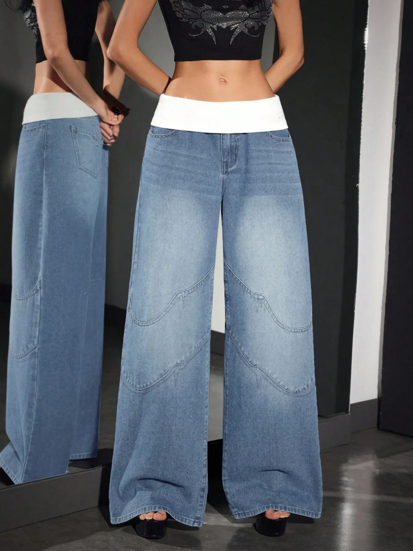 Low Waist Folded Ribbed Knit Loose Long Pants, High Street Style Light Wash Women's Pants, Suitable for All Seasons, Fashionable and Comfortable