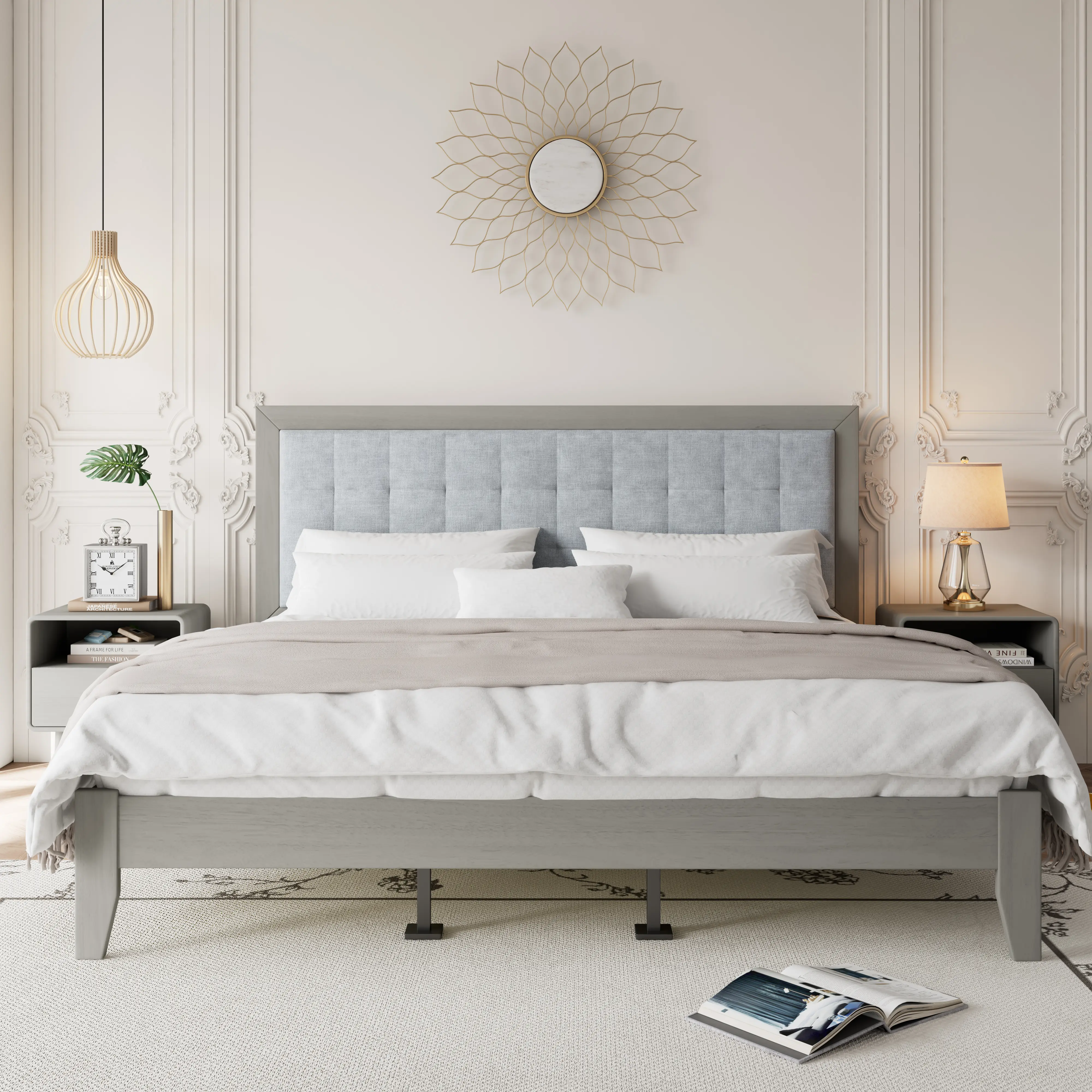 ARCH Solid Wood Platform Upholstered Headboard for California King Bed, Wooden Frame with Fabric Padding, Modern Bedroom Furniture, Easy Assembly, Master Bedroom Headboard Only, Home Decor, Household Furniture, Bedroom Accessories