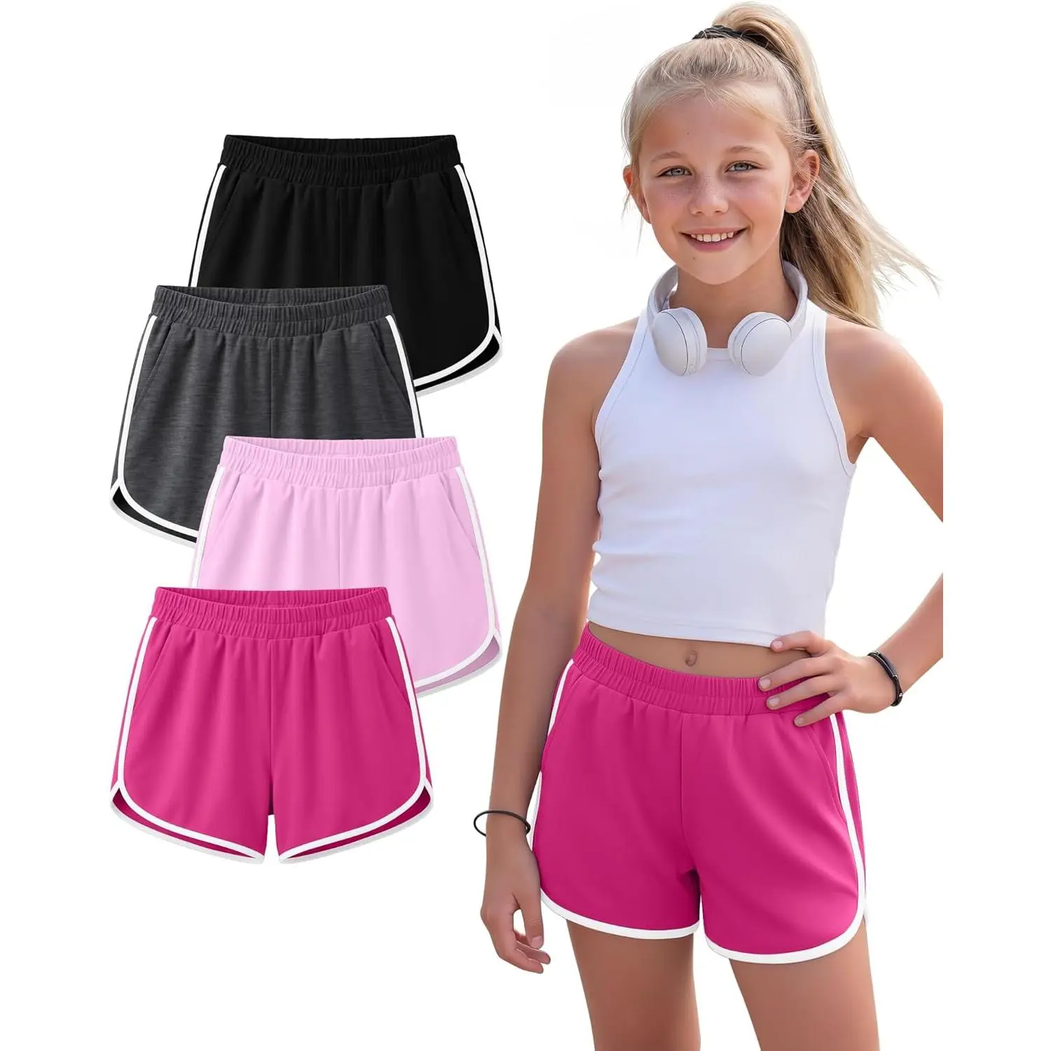 4 Pack Girls' Athletic Shorts Running Dolphin Shorts Casual Gym Workout SweatShorts  Kids Teens