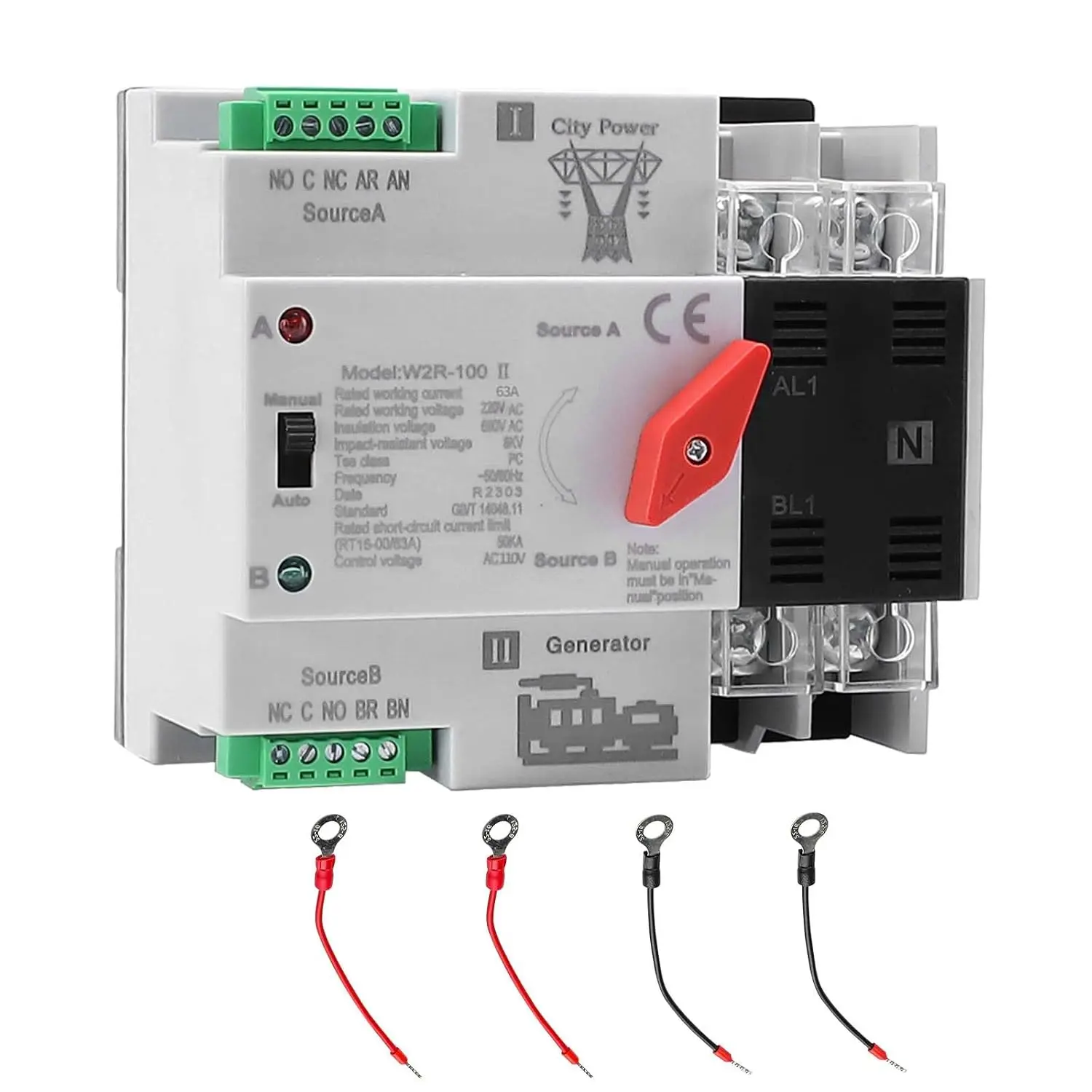 63A 110V Manual Transfer Switch - 2Pole Mini ATS with 63amp Rating, Auto Change & Din Rail Mounting, 50/60Hz CE Certified for Home Power Backup, RV Use