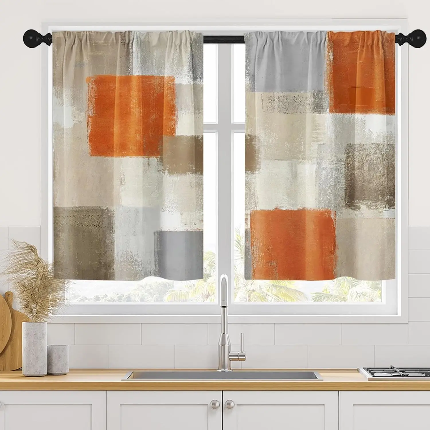 Kitchen Curtains Set of 2 - 34x36 in (34" Long) Beige-Orange Abstract Art Design, Contemporary Short Tier Curtains for Over Sink, Home Room House Decor Grey Window Treatments
