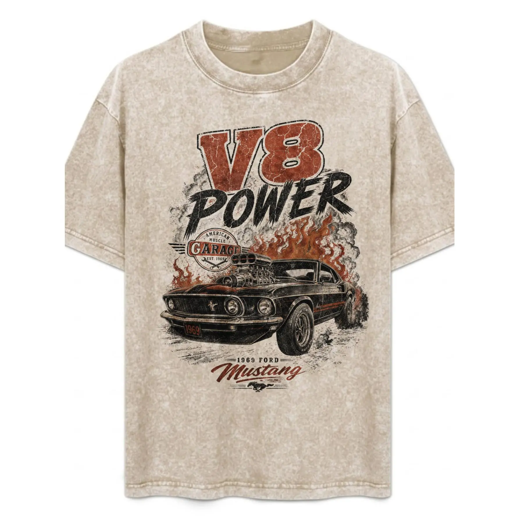 Women's 1969 Classic American Muscle V8 Power Racing Graphic T-Shirt, Heavyweight Washed 100% Cotton Short-Sleeve Crew Neck, Plus-Size Fashion Women's Fashion Streetwear, Unisex Men's Gift Top for All Seasons, Shortsleeve, Round Neck