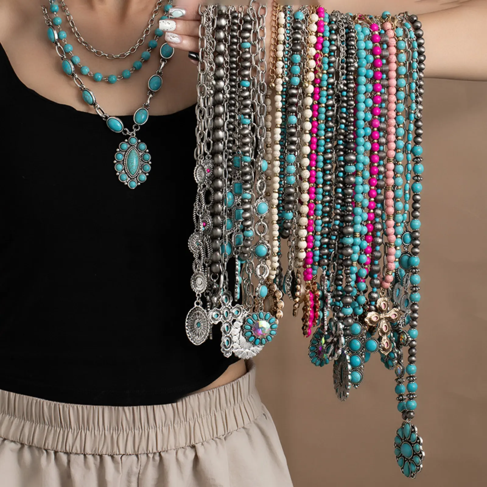 Women's Boho Vintage Ethnic Turquoise Layered Beaded Necklace - Western Cowboy Style Long Sweater Chain, High-end Stackable Bag Charm, Versatile Daily Wear Accessory