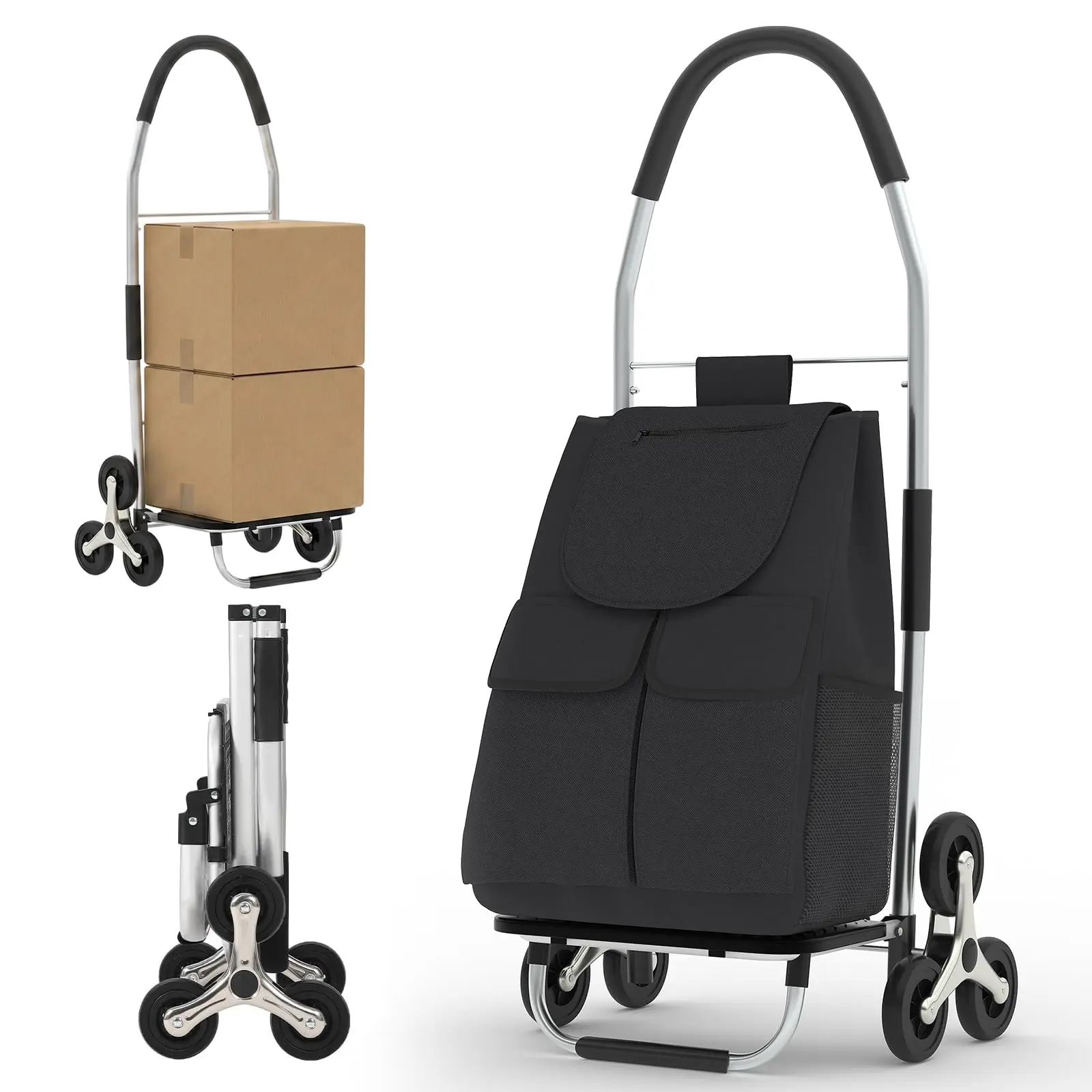 Folding Shopping Cart with Removable 56L Bag - 150Lbs Capacity Stair-Climbing Utility Cart, Lightweight Collapsible Grocery Wagon with Wheels for Travel, Laundry & Storage