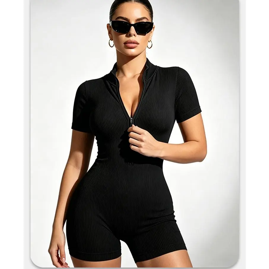 Women's Ribbed Short Sleeve One Piece Yoga Romper, Stand Collar Half Zip Bodycon Workout Bodysuit, Tummy Control Butt Lifting Stretch Shorts Jumpsuit, Seamless Athletic Outfit for Gym Pilates Training
