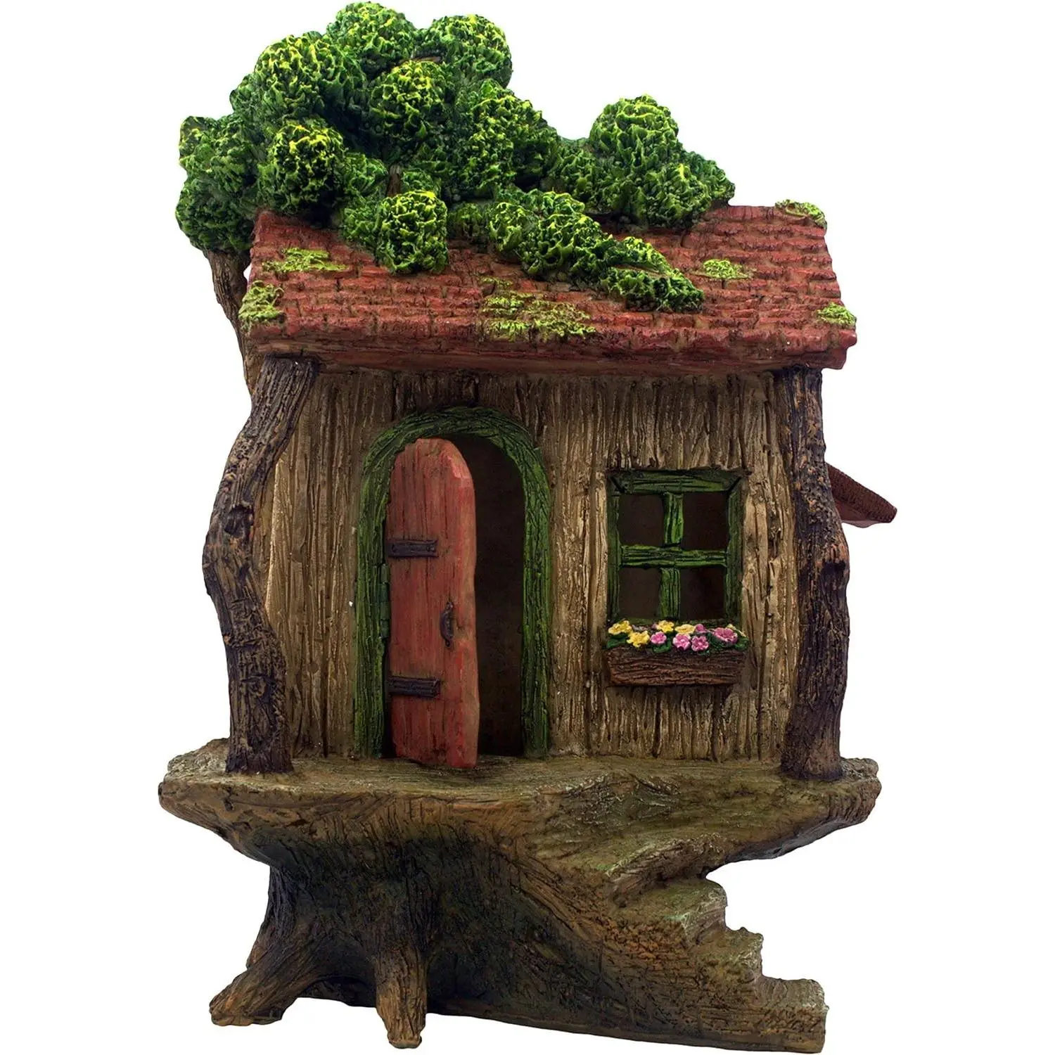 Fairy Garden Treehouse for Outside - 9" H x 4" W Hand-Painted Resin Fairy House with Opening Door and Window Box - Waterproof Miniature Cottage for Patio Planter Balcony Decor, Gift Ready
