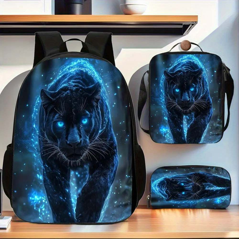 Starry Blue Light Black Panther Dark-Colored Three-Piece School Bag Set, Includes Backpack, Insulated Lunch Bag, and Stationery Storage Bag, Suitable for Teenagers' Daily Use