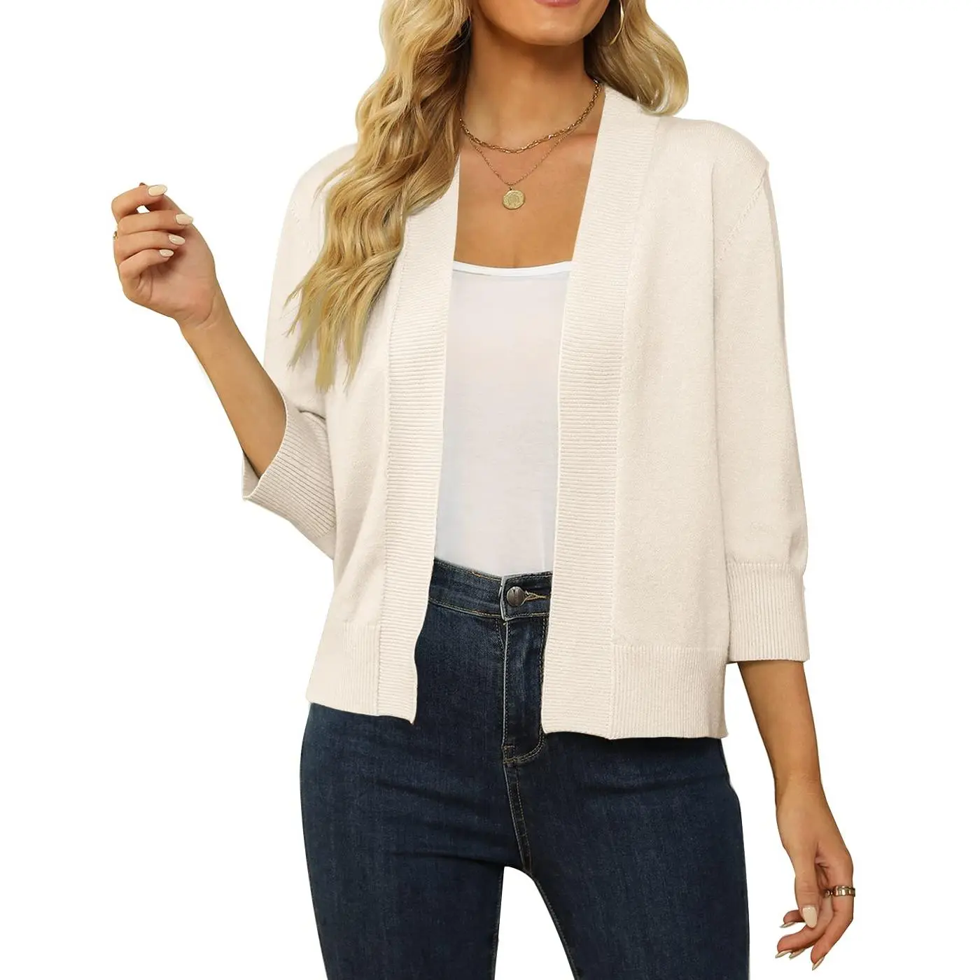 YF Women's 3/4 Sleeve Open Front Knit Cardigan Lightweight Soft Breathable Cropped Sweater Cardigan Casual Layering Shrug Cover Up for Spring Summer Fall Dressy Work Office Date Vacation Daily Wear