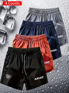 4-Pack Breathable Quick-Dry Shorts, Daily Commute Wear, Casual Sporty Shorts, Trendy Sporty Style, Ariat Letter Print, Loose Fit, Unisex, All Seasons