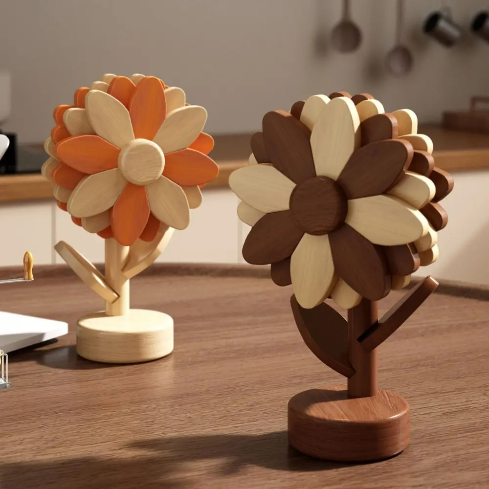 Sunflower Wooden Trivet Set with Storage Stand Detachable Solid Wood Heat Resistant Coaster Decorative Flower Shape Table Mat for Pots Bowls Mugs Plates