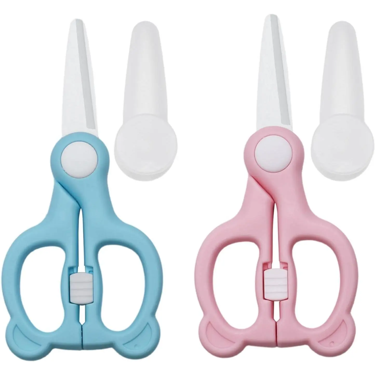 Baby Food Scissors with Travel Case, 2 Pack Ceramic Food Scissors Kids, Toddler Scissors with Safety Lock, Ideal for Pizza, Meats, Noodles, Vegetables, and Fruits(Pink and Blue)